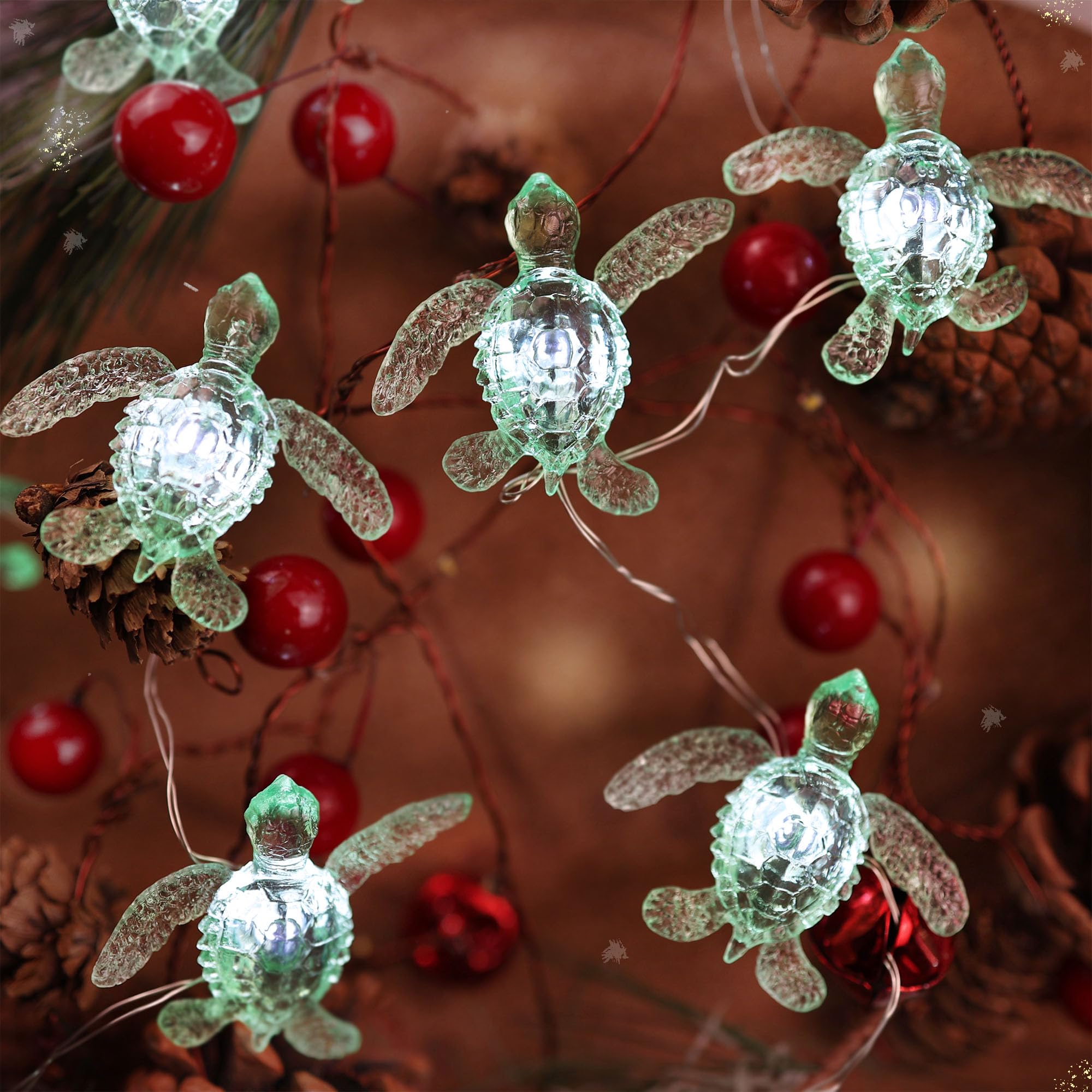 JASHIKA Green Sea Turtle String Lights - 10ft, 30 LED, Waterproof, Battery Operated, Remote Control - Amber, Model 2024-11-27-BA-01