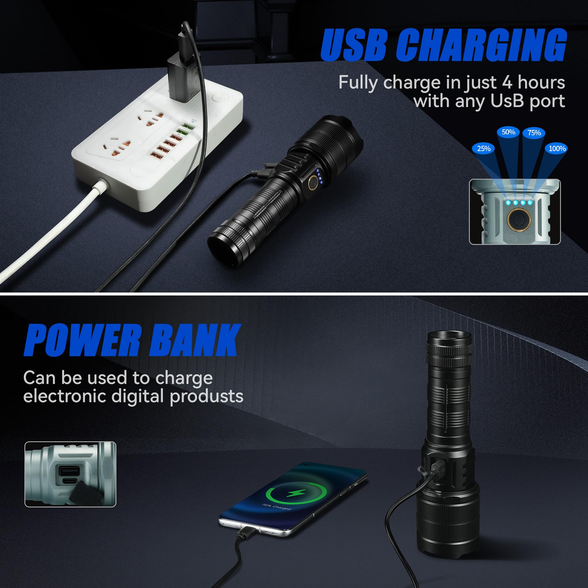 Tecbott Rechargeable Flashlights 900000 High Lumens Super Bright Led Flashlight High Powered Tactical Flashlights Zoomable 3 Modes Ipx6 Waterproof Handheld Flash Light For Camping Outdoor Emergencies