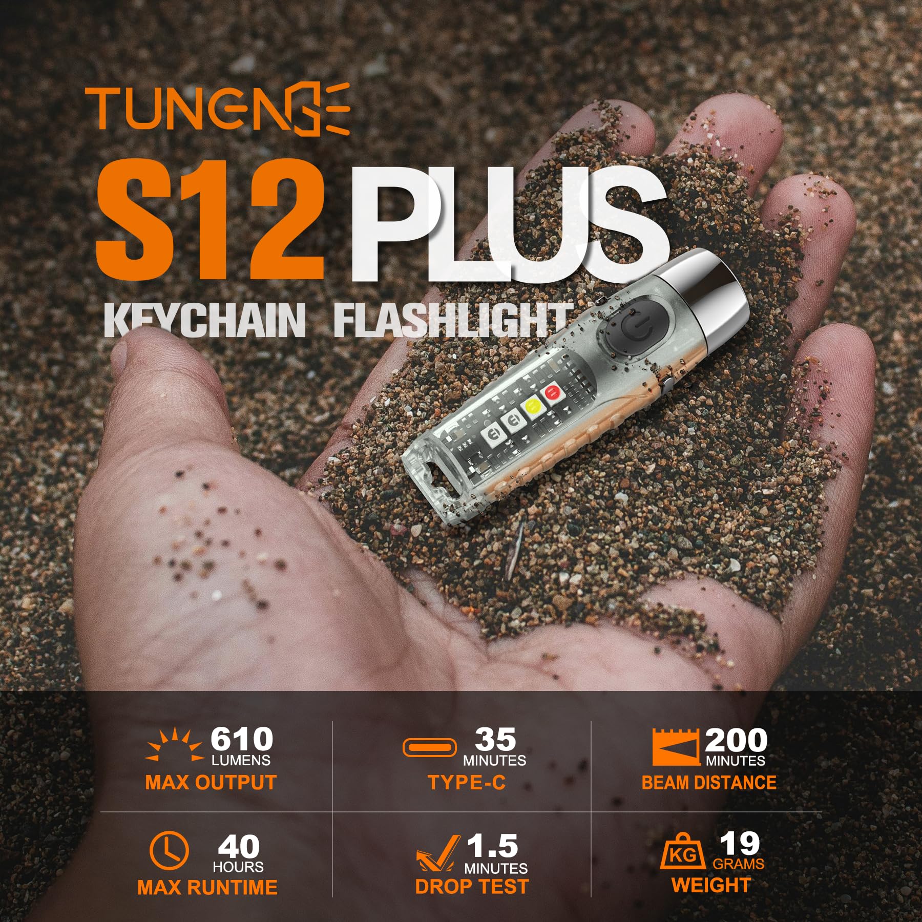 TUNENGE S12Plus Keychain Flashlight - 610 Lumen USB-C Rechargeable Mini LED - Fluorescent White for Camping & Emergency