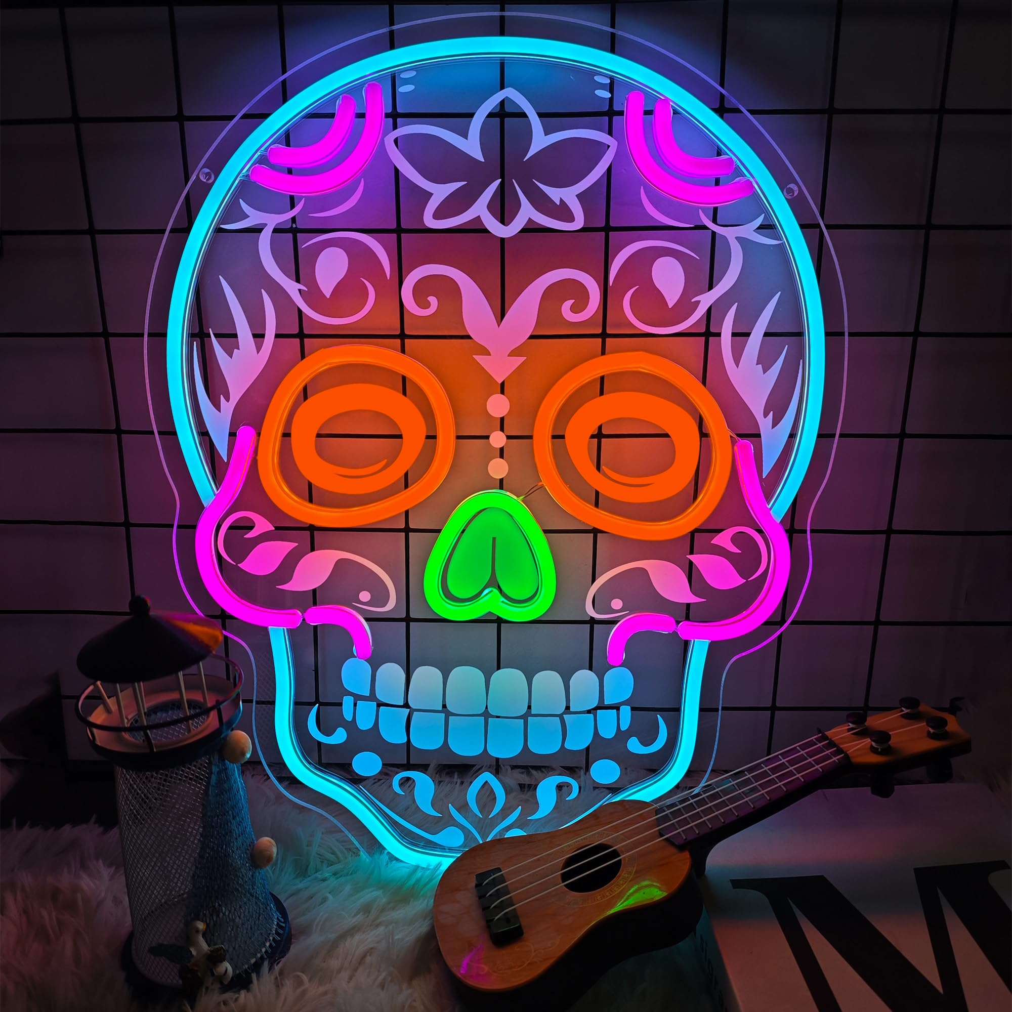 Skull Neon Signs For Bedroom Dimmable Neon Light Uv Printed Skull Signs Led Light For Man Cave malt-inspired Bar Club Game Room Party Decor Gifts  16.5X12.8