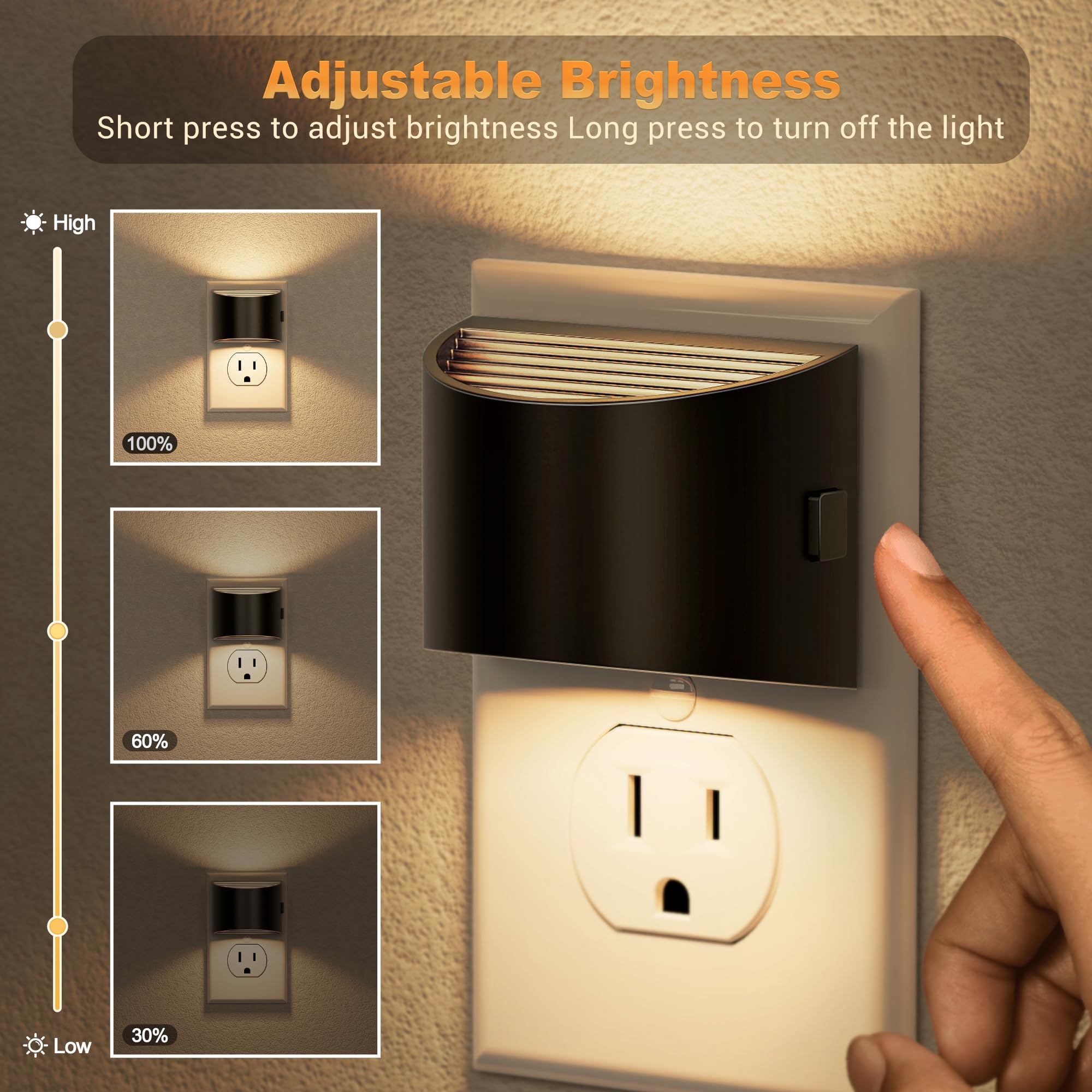 Jandcase Led Night Lights Plug Into Wall, 2 Pack Gold Modern Night Lights, Dusk To Dawn Sensor Nightlight,0-100Lm Brightness Adj