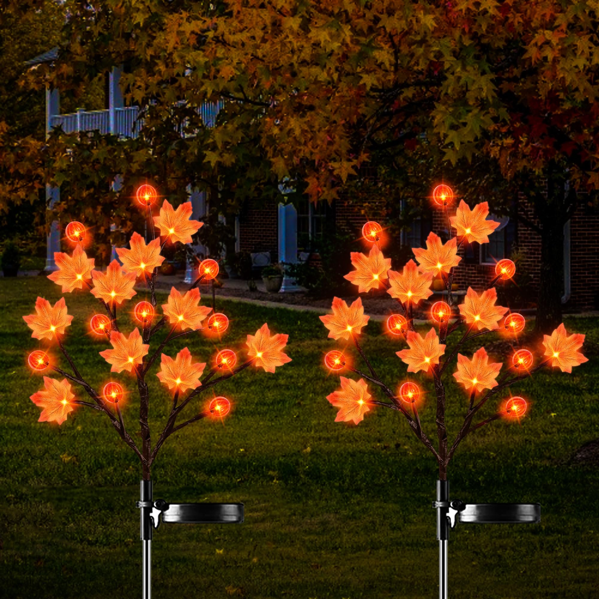 2 Pack Solar Outdoor Lights, Fall Decor Thanksgiving Decorations Outdoor Solar Lights With 3D Maple Pumpkin Lights, 2 Modes Fall Thanksgiving Lights Outdoor Solar Lights Waterproof For Yard Decor