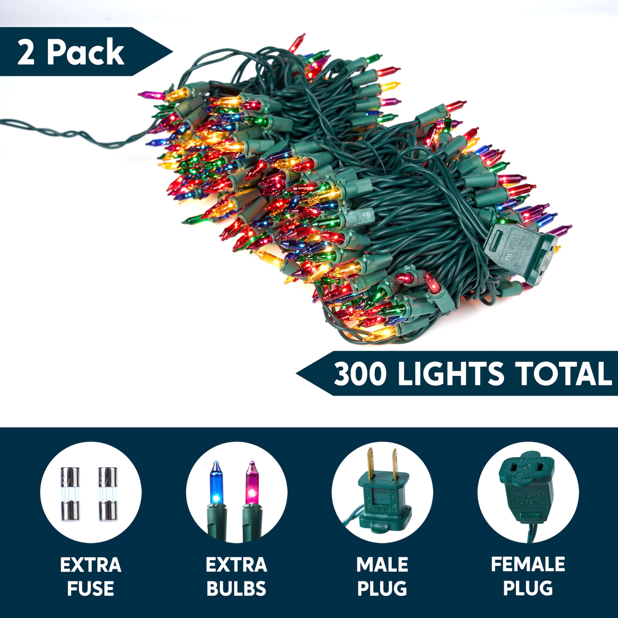 Joiedomi Christmas Lights Outdoor,62.4Ft Multicolor Christmas Tree Lights Outside,300(2X150) Count String Lights,Green Wire Xmas Lights For Decorations Indoor Holiday Theme Party Yard House