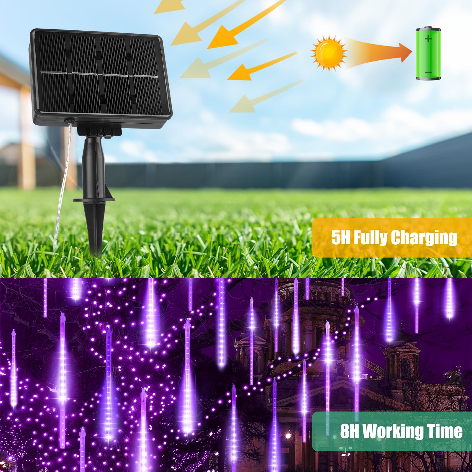 Purple Solar Christmas Lights, 116 Inches 20 Tube 720 Led Solar Meteor Shower Lights With 16 Tubes, Icicle Fairy String Lights F