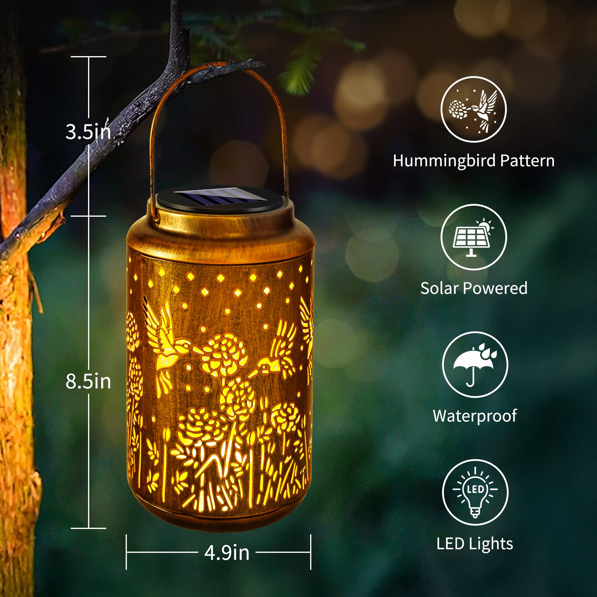 Brizled Hummingbird Solar Lantern Lights, Outdoor Led Hollow Out Hanging Lantern Lights, Warm White Solar Garden Lights Retro Me