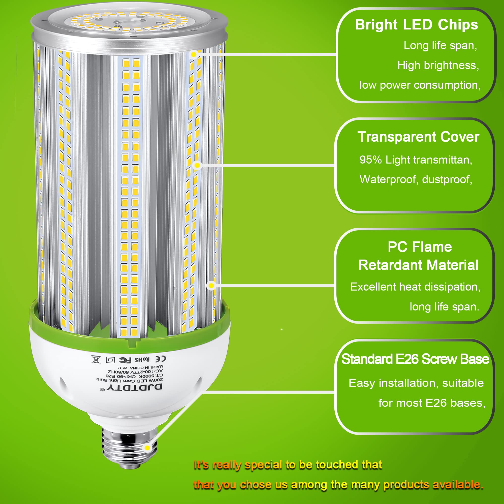 DJDTDTY LED Corn Light Bulb, 200W, 20000 Lumen, E26 Base, 5000K Daylight, Aluminum, Indoor/Outdoor Use