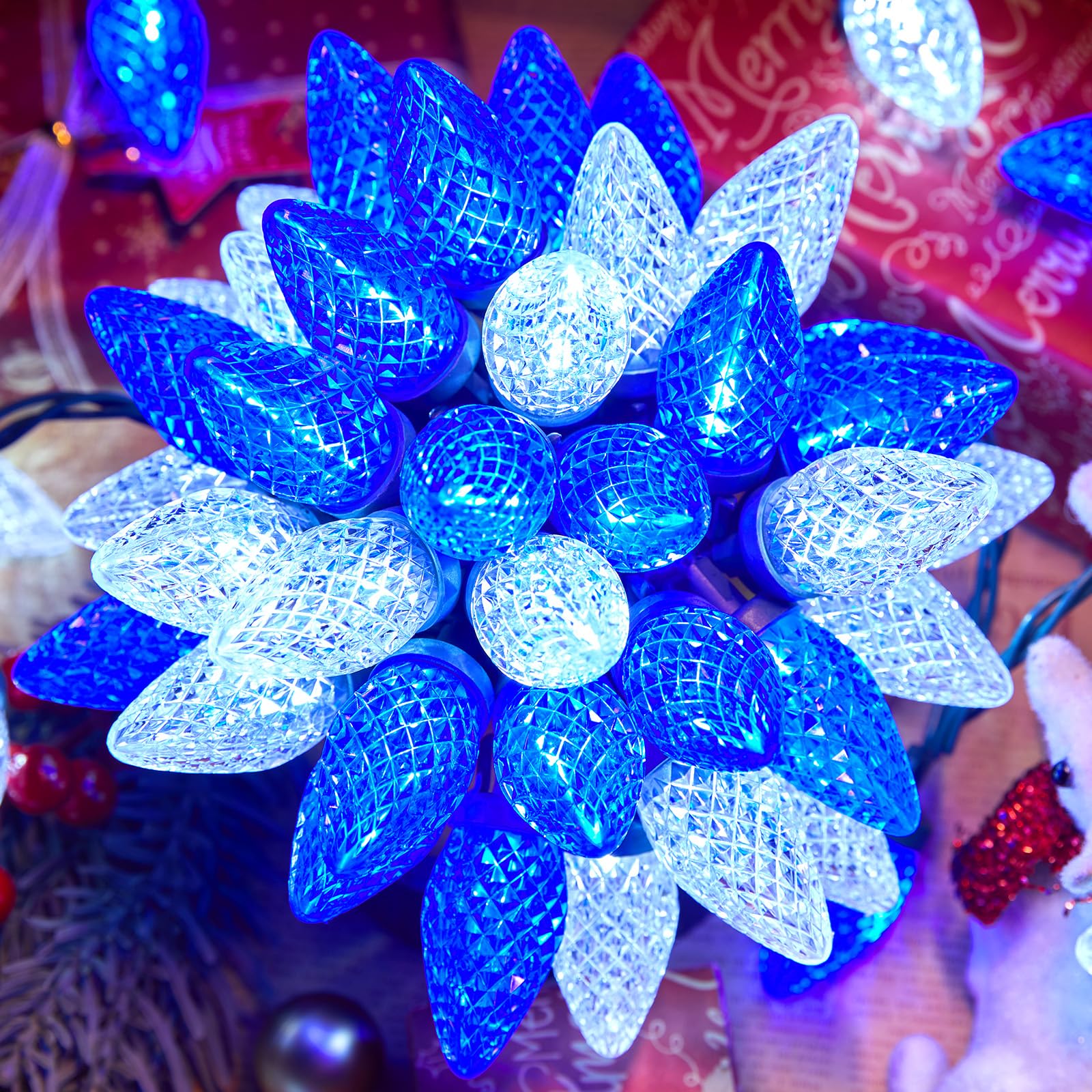Brightown C9 LED String Lights, 66 ft, 100 Waterproof Bulbs, Blue and White, Commercial Grade for Outdoor Xmas Decoration