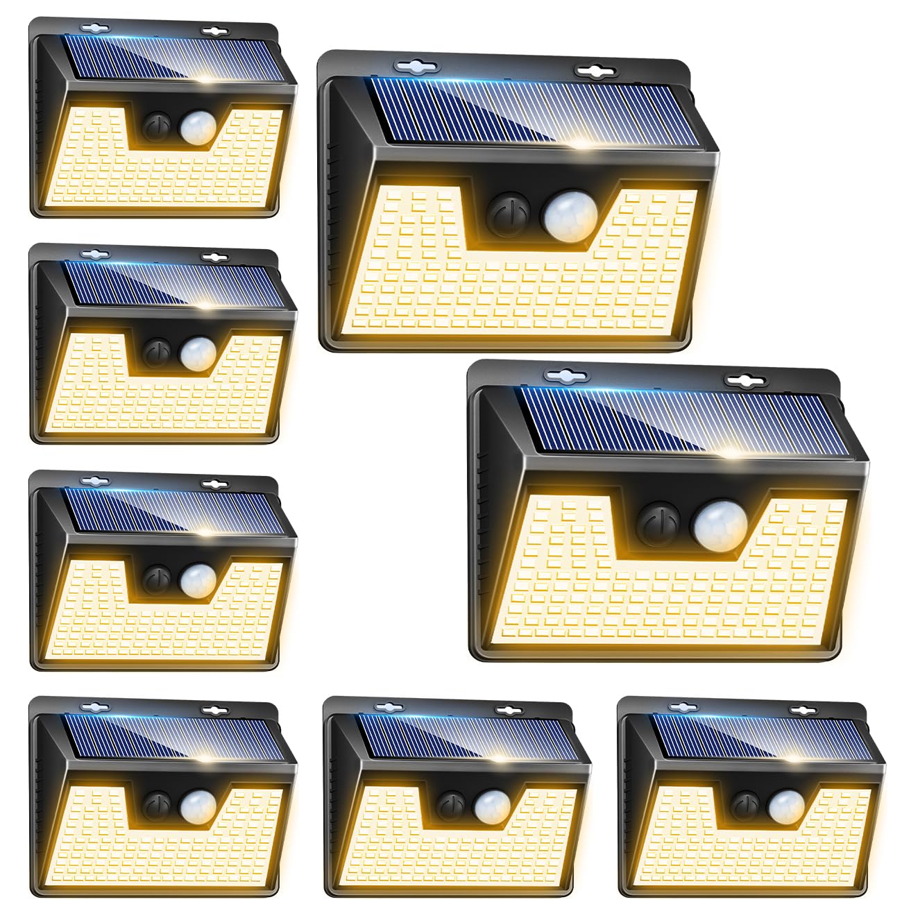 Peasur Solar Lights Outdoor, 8 Pack, 140 LED, Warm White, Motion Sensor, Waterproof, Black Frame, Model YHM-01B