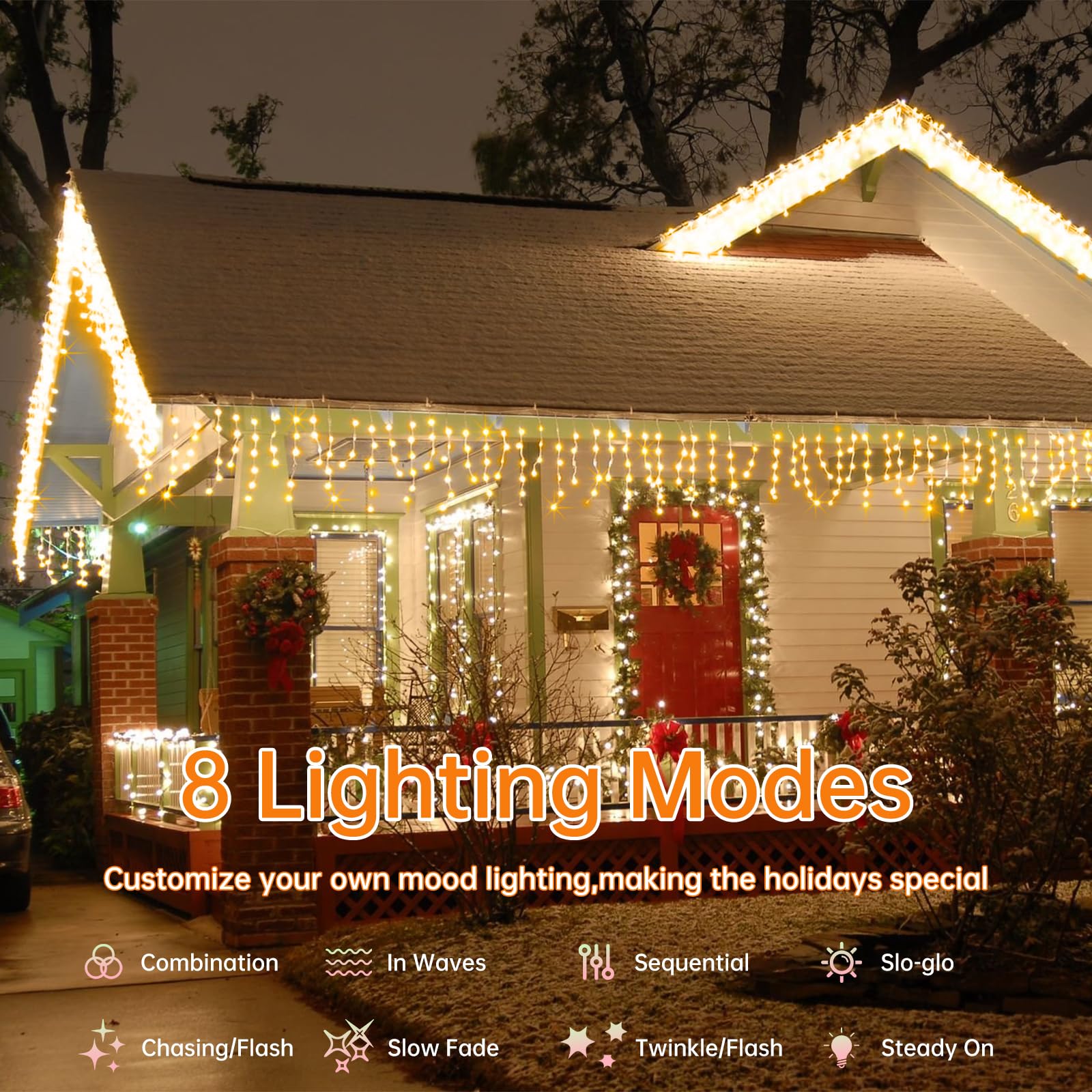 Pgup Christmas Decoration Outdoor 124Ft 1200 Led Warm White Christmas Lights, 8 Modes Timer Curtain Fairy Light With 240 Drops P