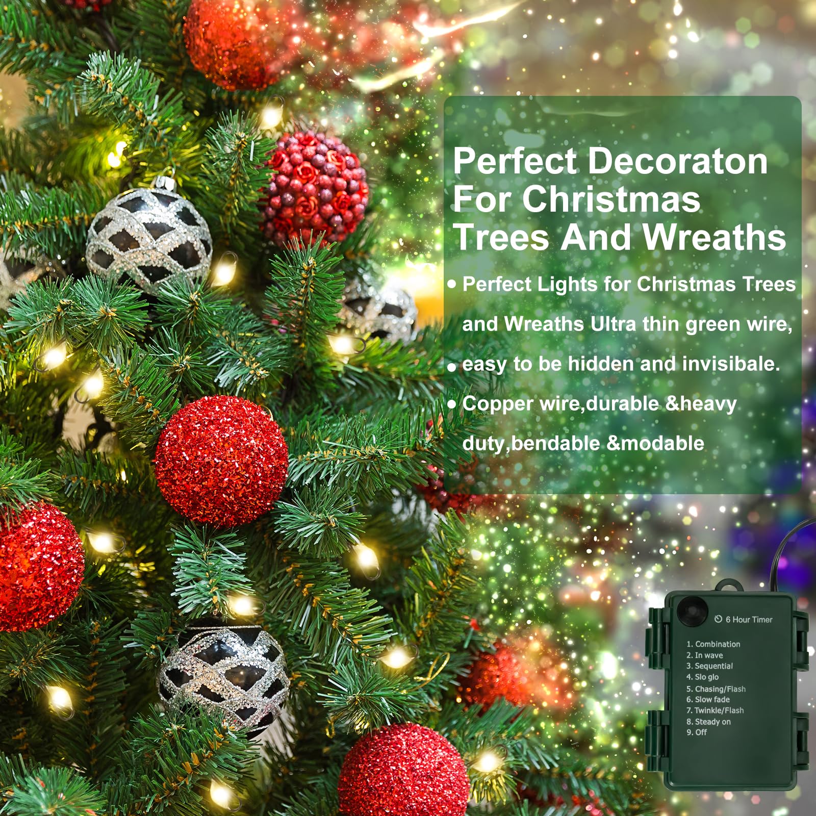 FairyGlim 2Pack Outdoor Fairy Lights 100LED Warm White Copper Wire, 10ft, 8 Modes & Timer, Twinkle String Lights for Christmas & Weddings