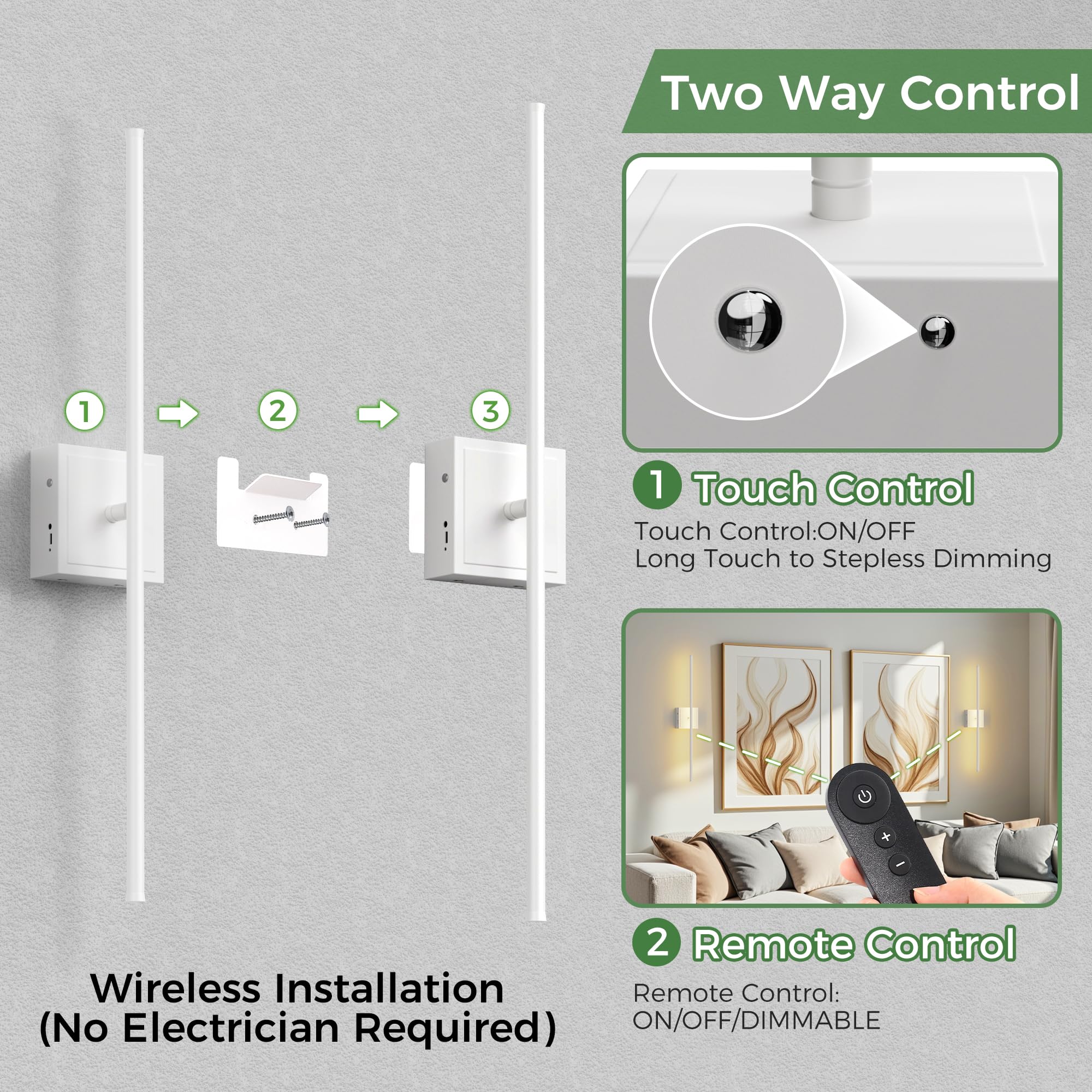 DORESshop Battery Operated Wall Sconces Set of 2, Dimmable, Remote Control, 28.1 Inch, White Metal Lighting for Bedroom, Living Room