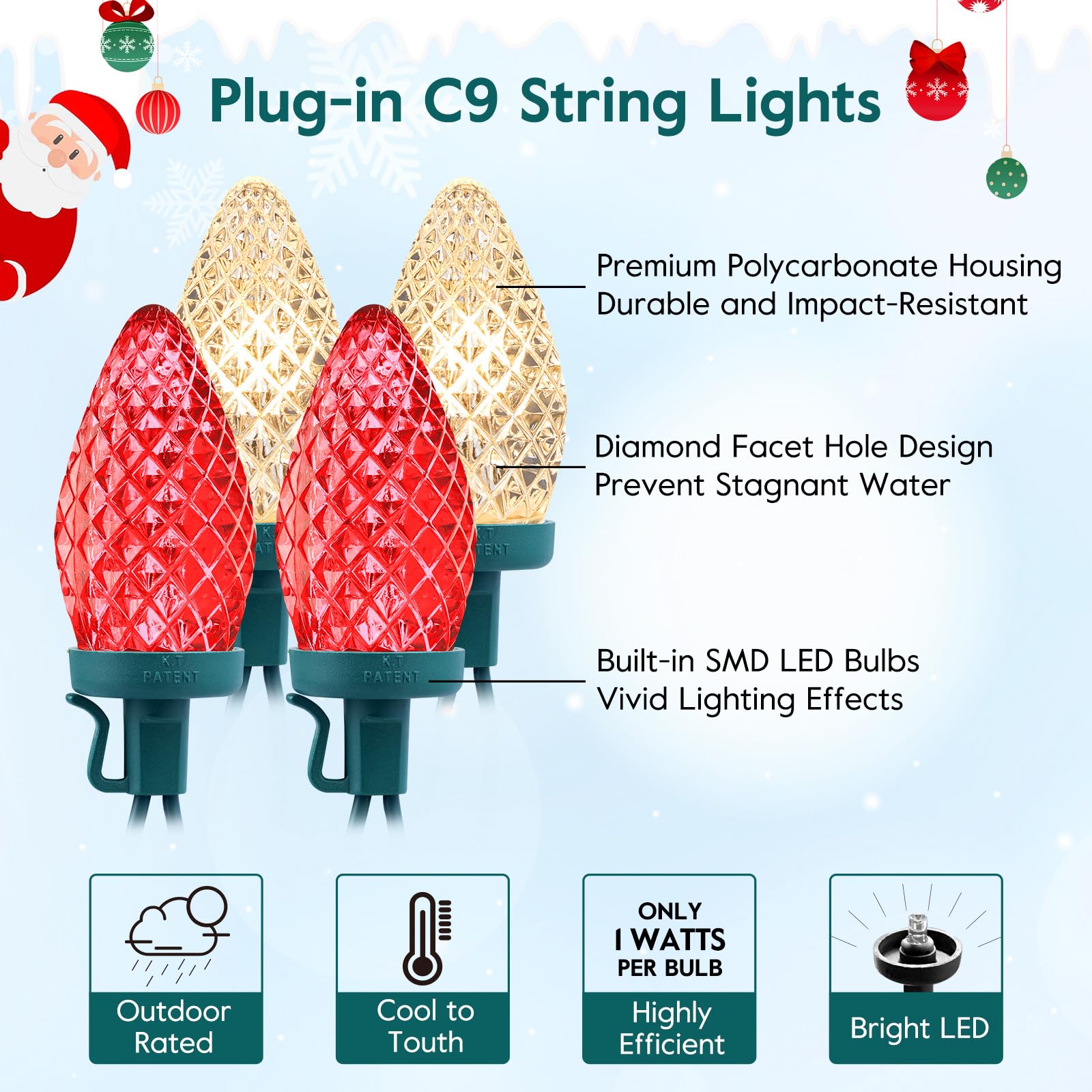 C9 Led Christmas String Lights, 66 Ft 100 Led Strawberry Roof Lights, Commercial Grade Waterproof Extendable For Indoor Outdoor