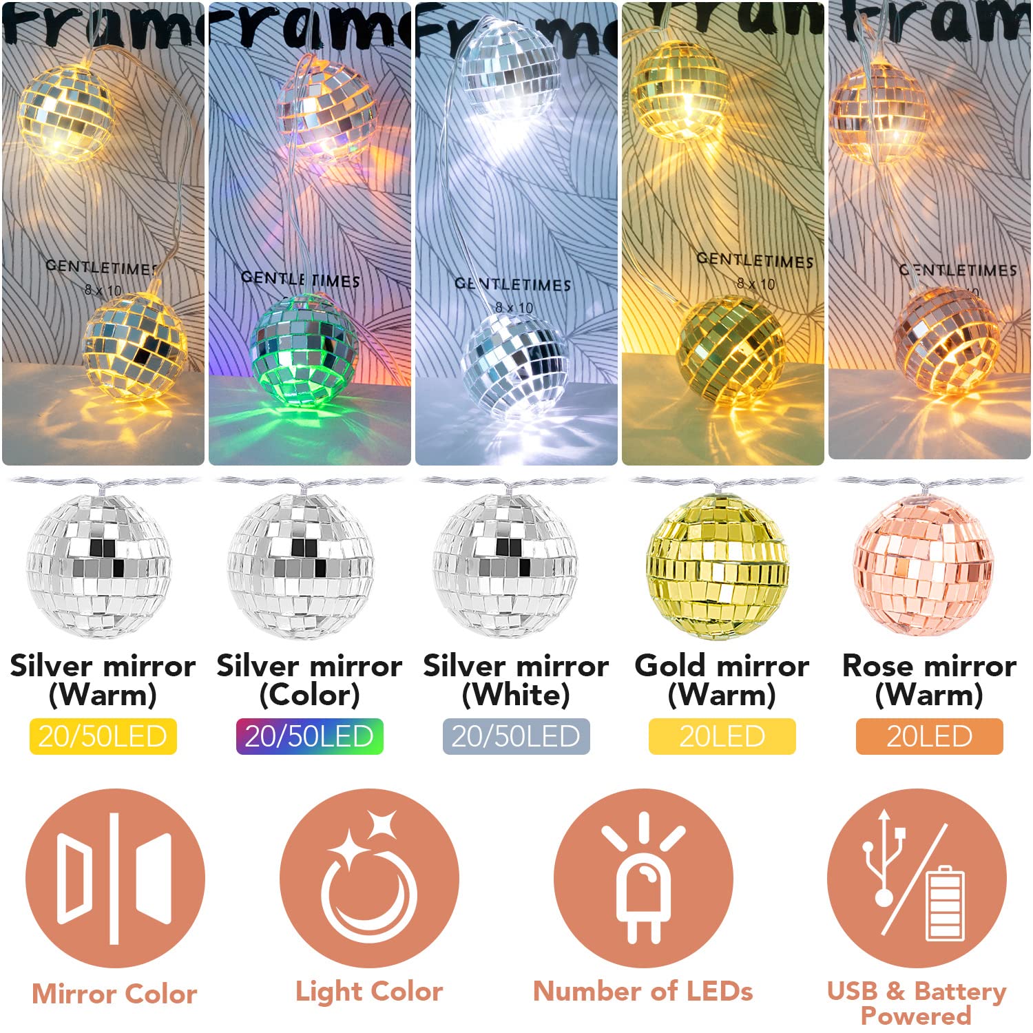 AceList 20 LED 9.8ft Disco Ball String Light - Battery Powered and USB Plug, Disco Ball Lights for 70's Disco Party Decorations