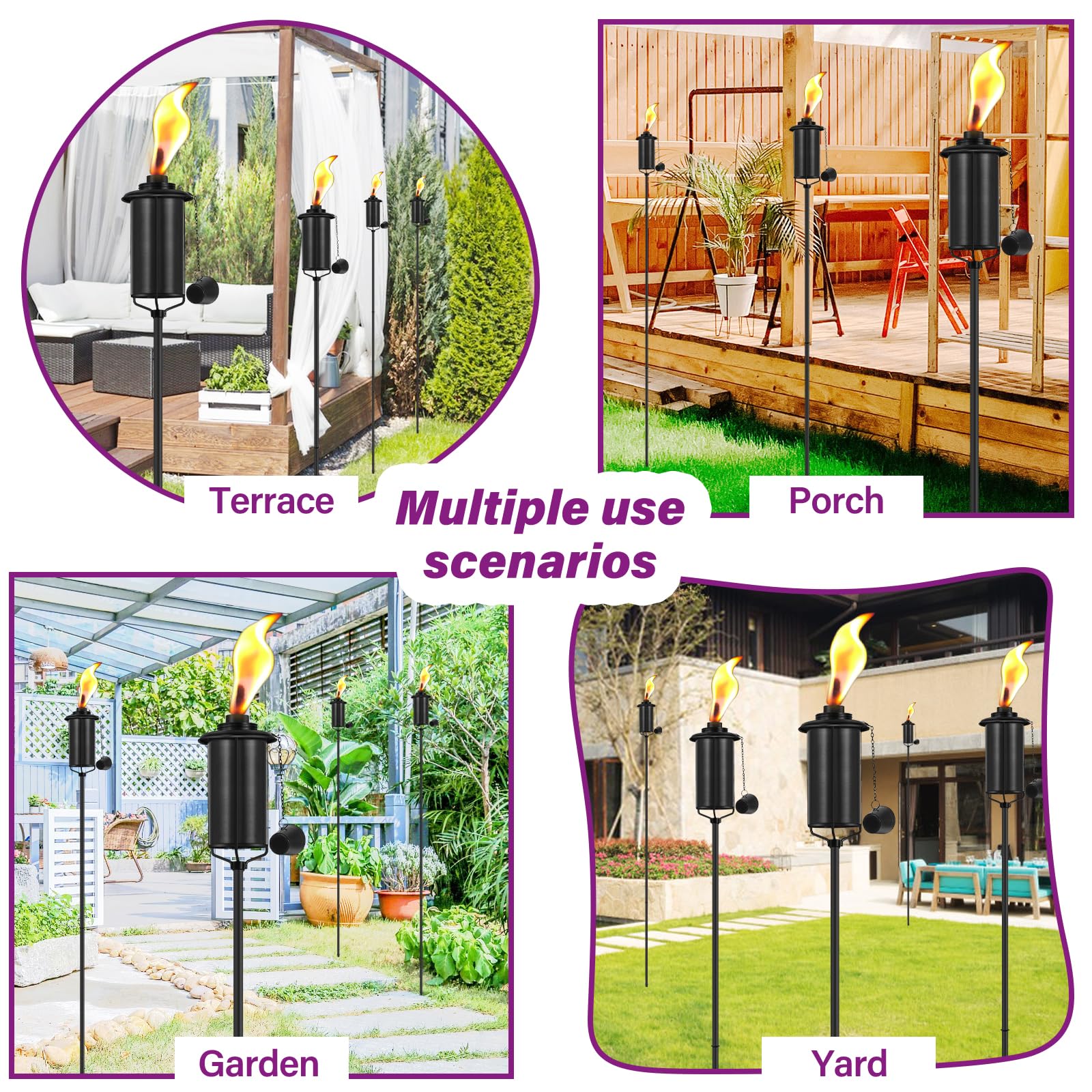 Fan-Torches 4 Pack Metal Garden Torches, 59-Inch Citronella Outdoor Decor For Patio & Parties