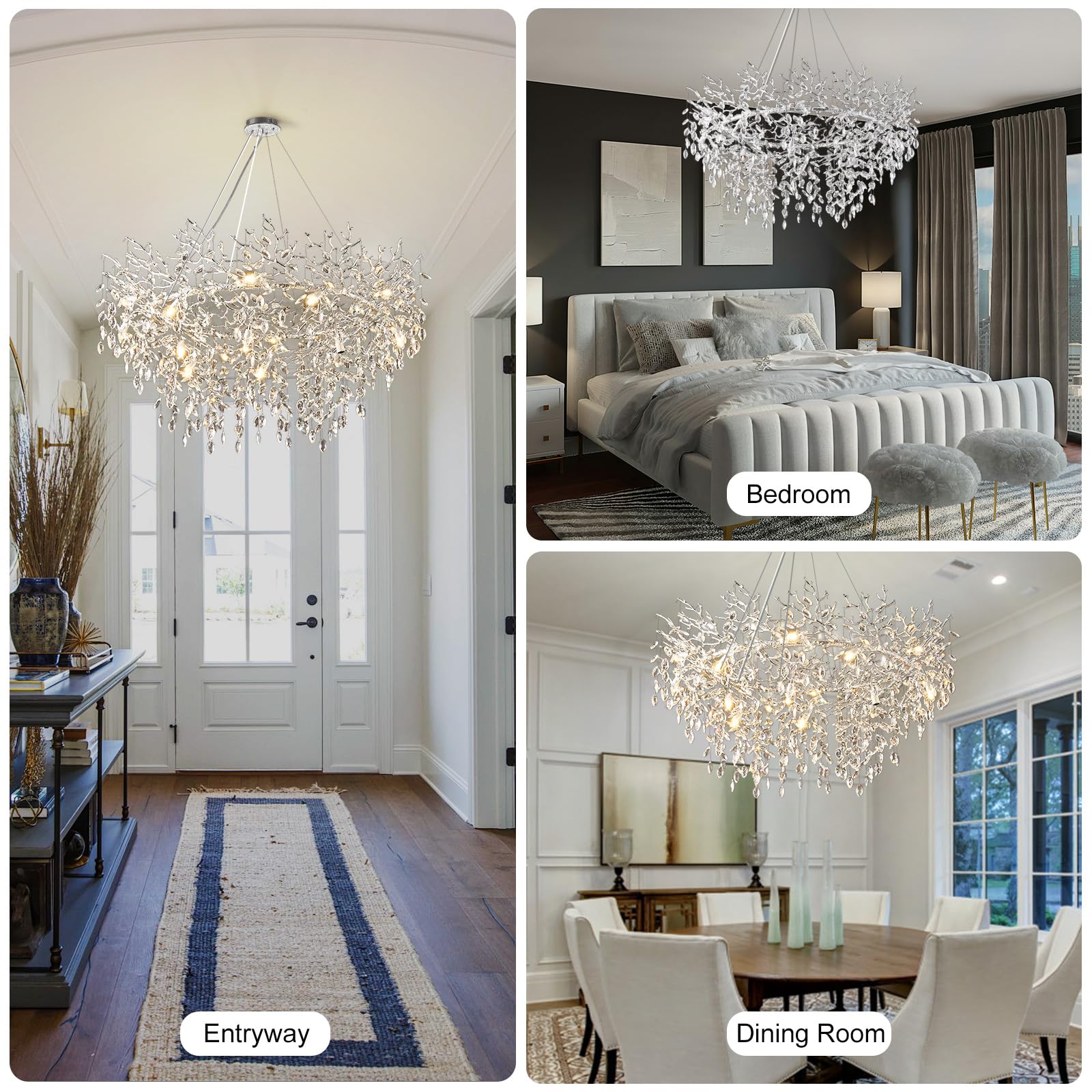Kvtinmty 14-Light Round Silver Crystal Chandelier, 48" D, Modern Design for Living Room, Dining Room, Bedroom, Foyer