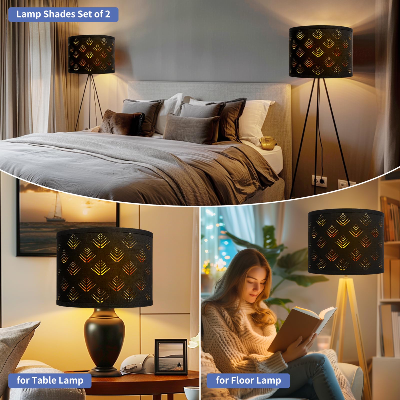 ALUCSET Lamp Shades Set of 2, 13in Drum Fabric Lampshades with Leaf Design, Black, Model LLA-S2416J