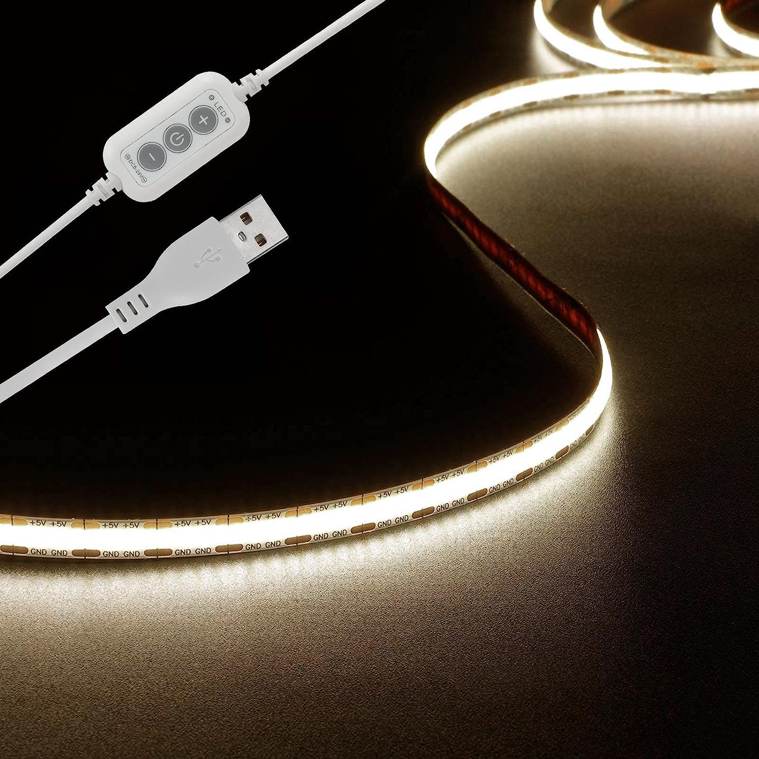 dephen 5V LED Strip Lights, 4.9ft, 480 LEDs, Dimmable, Natural White, USB, Flexible COB, Model HH-SCOBNW-320-5