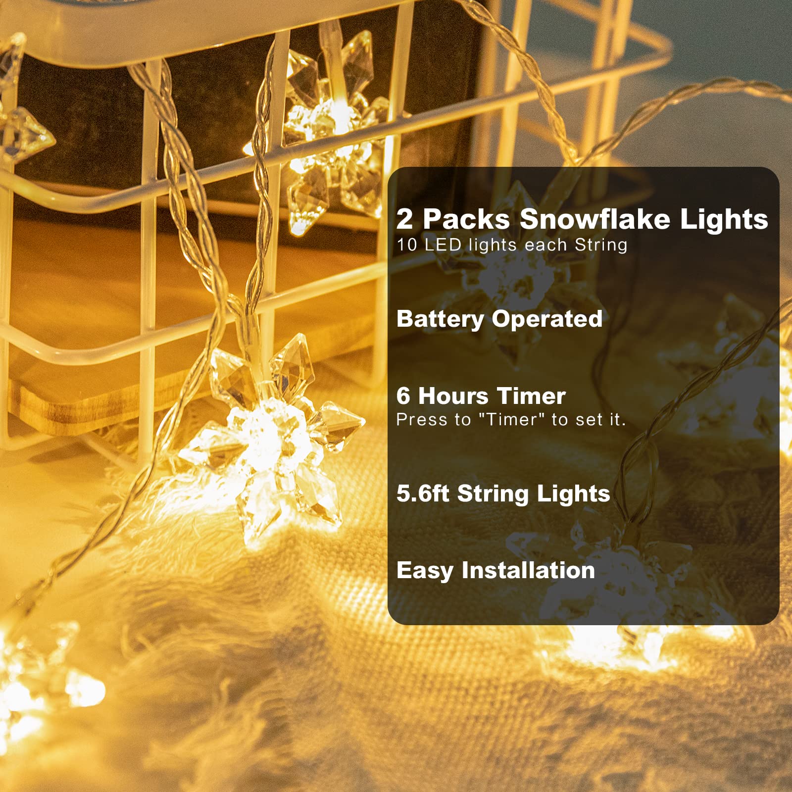 Vigdur 2 Packs Christmas Snowflake Lights - 20 Led Snowflake String Lights Battery Operated With Timer Indoor Xmas Fairy Lights For Bedroom Party Window Holiday Decoration