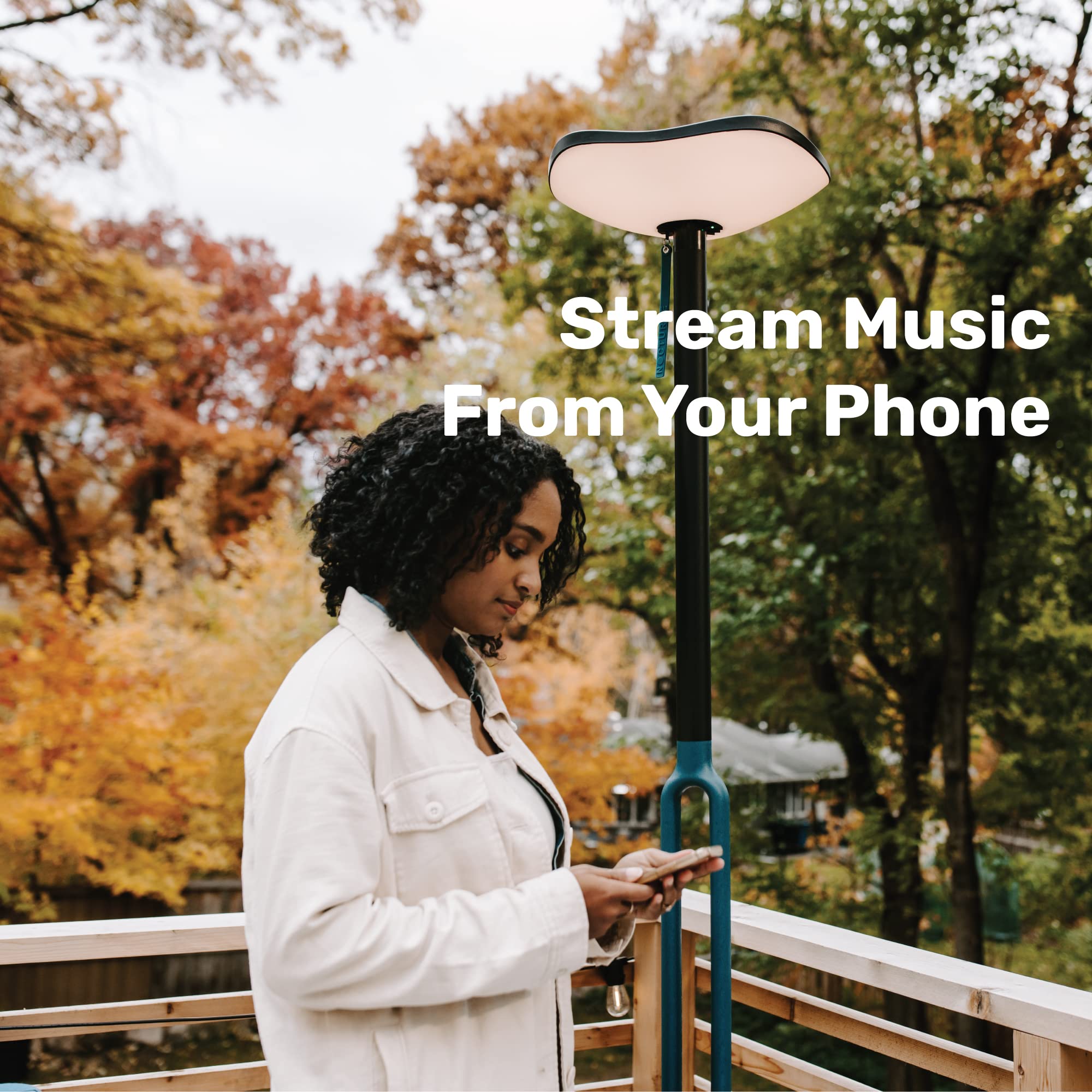 Nocturne Outdoor Solar Floor Lamp with Bluetooth Speaker - 100% Solar Powered, Weatherproof, Black/Blue for Patios & Decks - Firefly 2.0