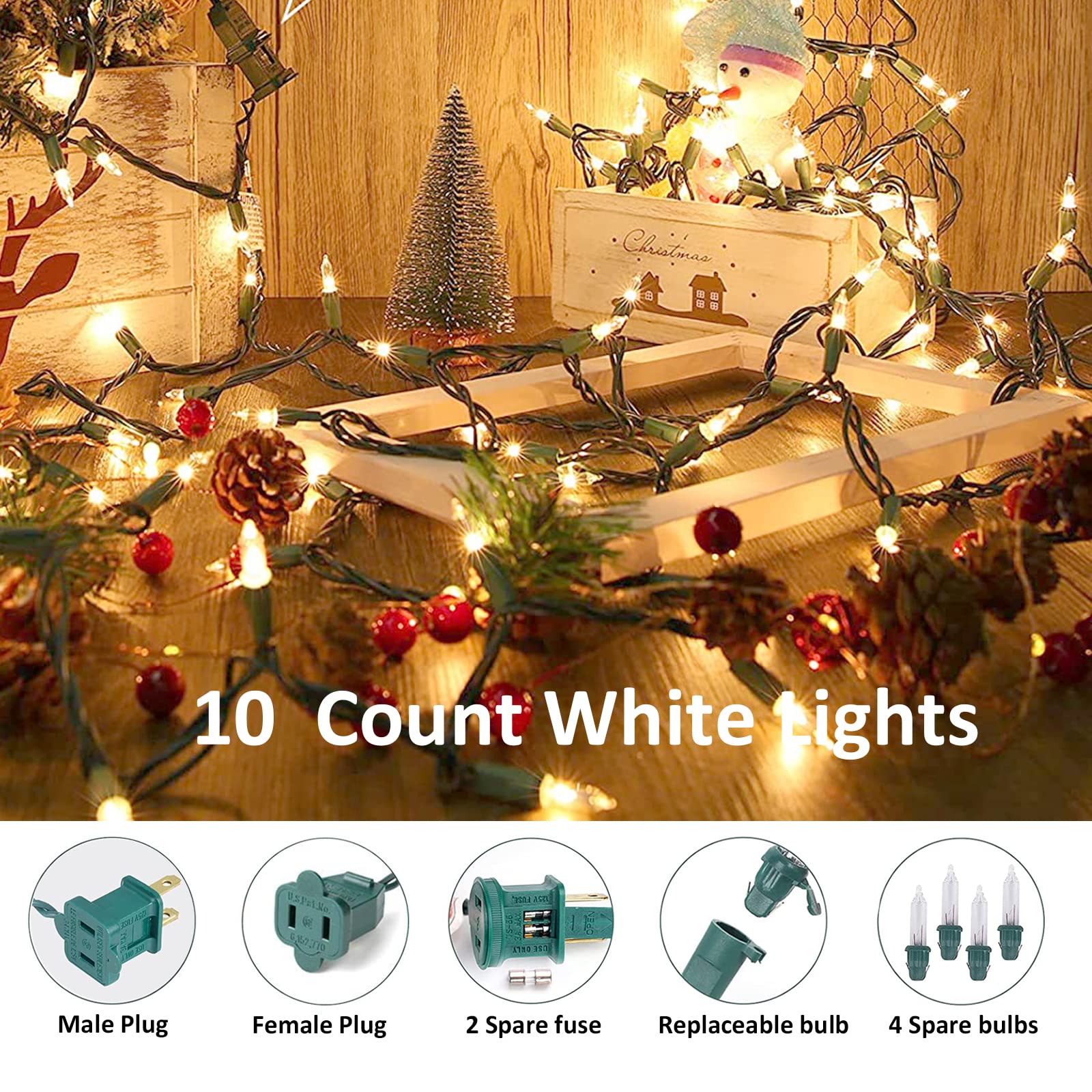 Lidore Super Bright Clear Mini Christmas Tree String Lights, Gift For Decoration, 8Ft 10 Count Bulbs With Green Cord, Ul Listed Indoor Outdoor Lighting For Holiday (Green Cable)