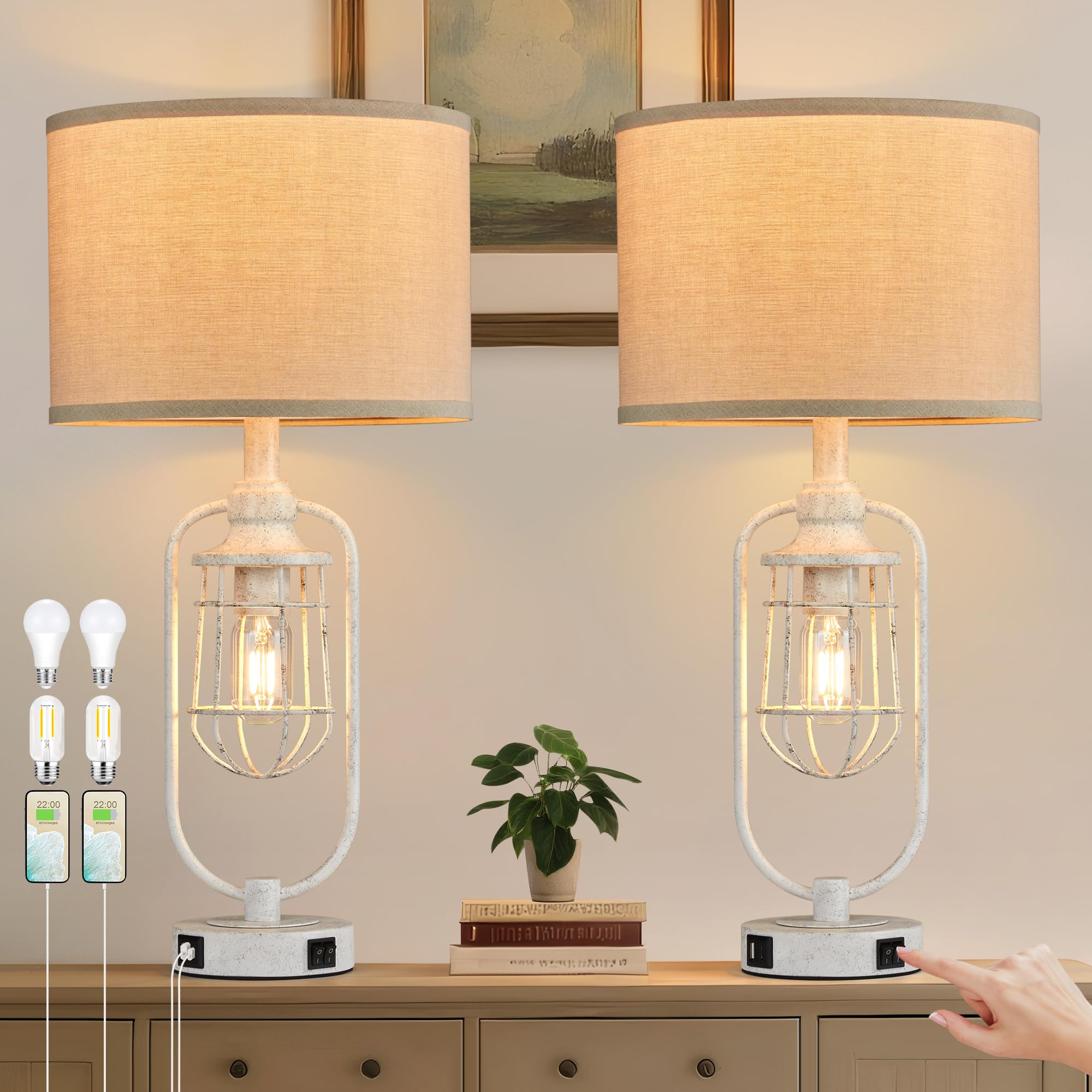 SRJJRS Farmhouse Table Lamps for Living Room Set of 2, Lamps for Night Stands Set of 2, Industrial Bedside Lamps for Bedroom Nig