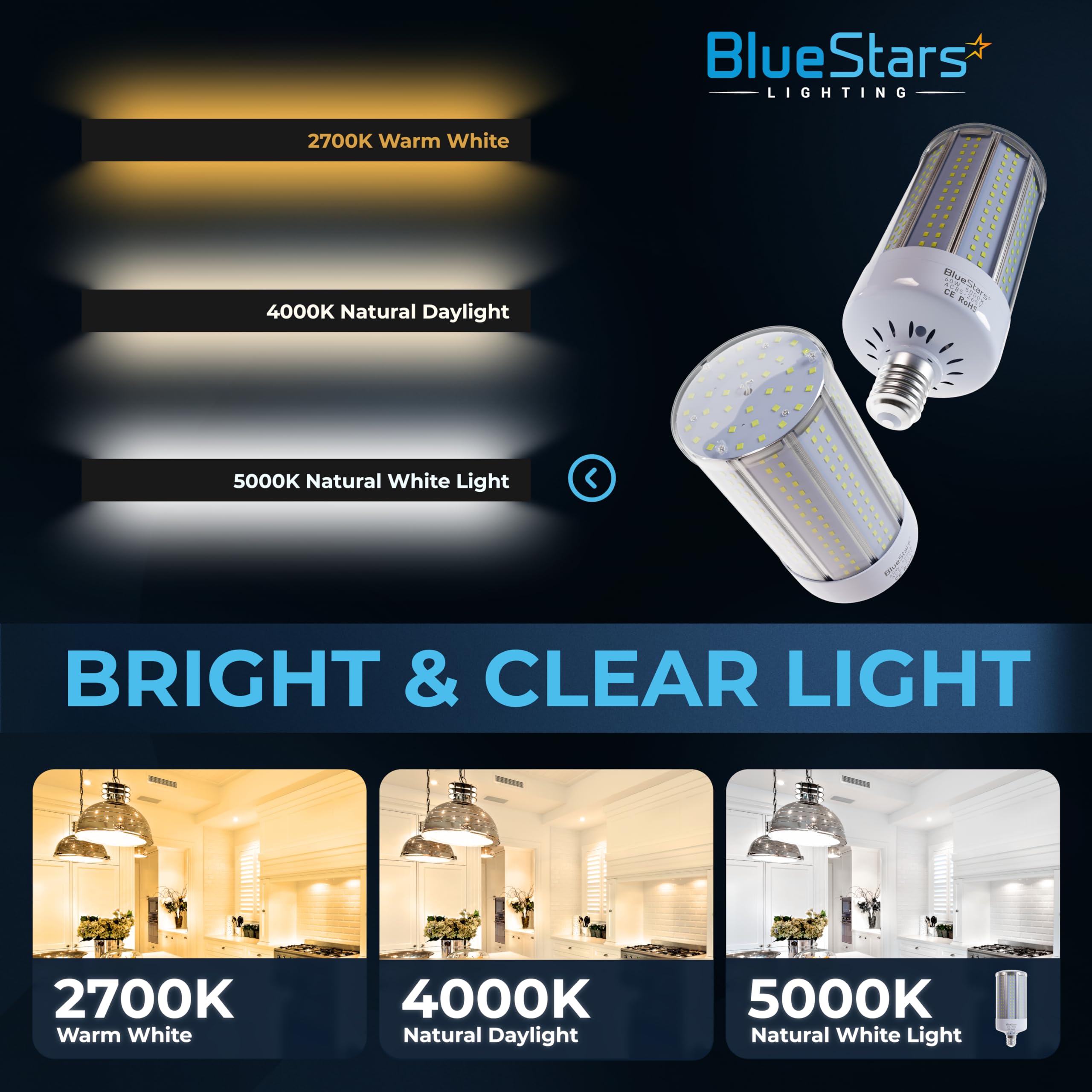 Bluestars 2-Pack 60W Led Corn Light Bulbs, 4200 Lumens, 5000K Cool White, E