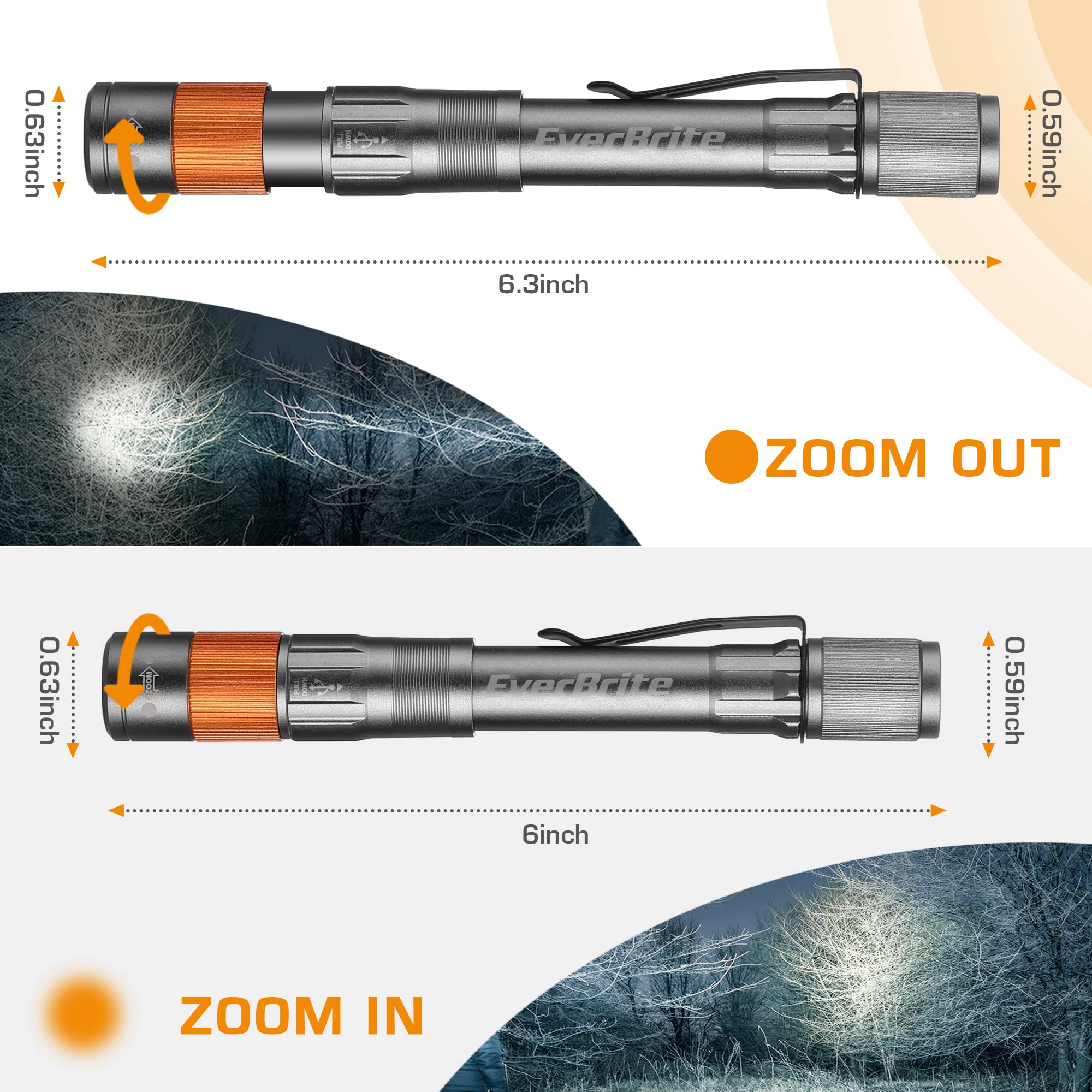 EverBrite Rechargeable Pen Light, 300 Lumens LED Flashlight, Zoomable, Aluminum, Gray