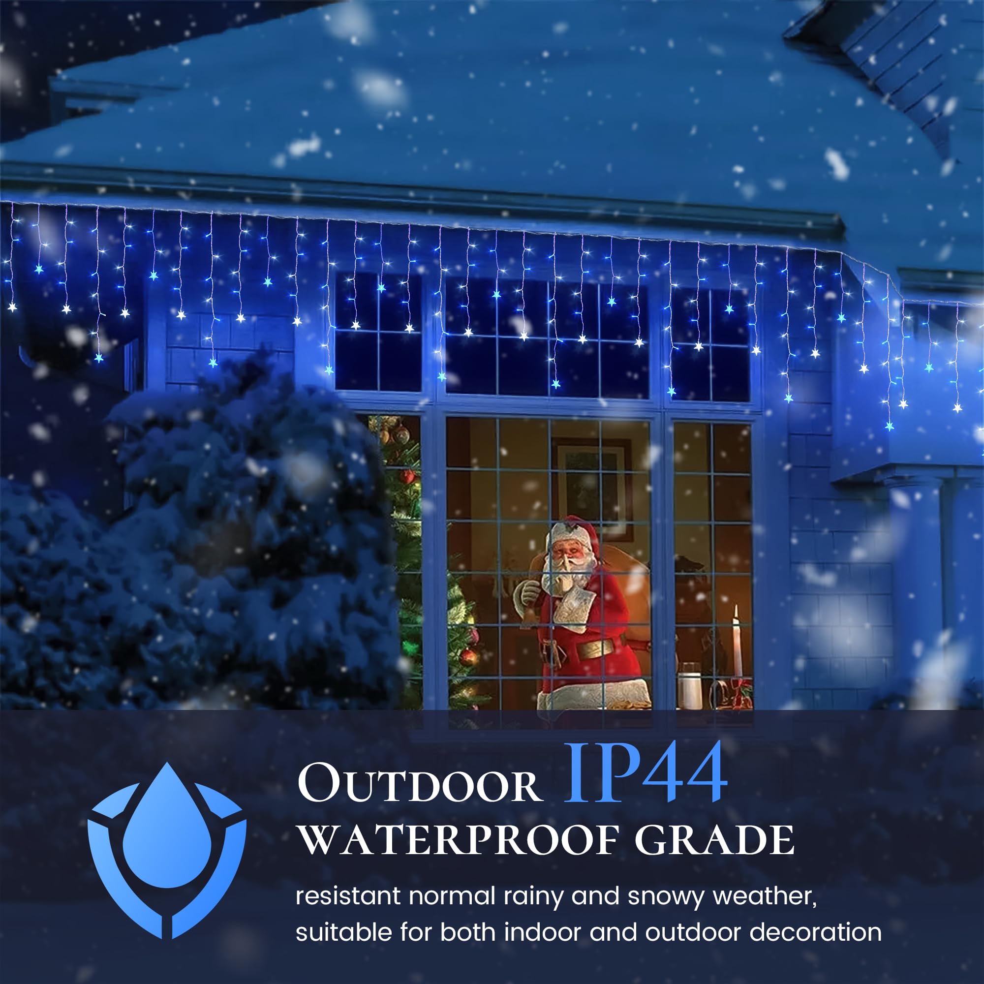 Oopswow Icicle Lights Outdoor 200 LED Curtain Fairy Lights, 16.5FT, Blue & White, 8 Modes with Timer, Perfect for Weddings & Christmas Decor