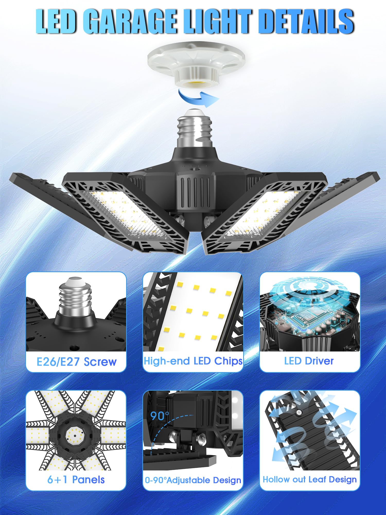 Hapylumi Led Garage Lights 6 Pack - 180W 18000Lm Garage Lighting Led Ceiling With 6 Deformable Panels, 6500K Shop Lights Screw I