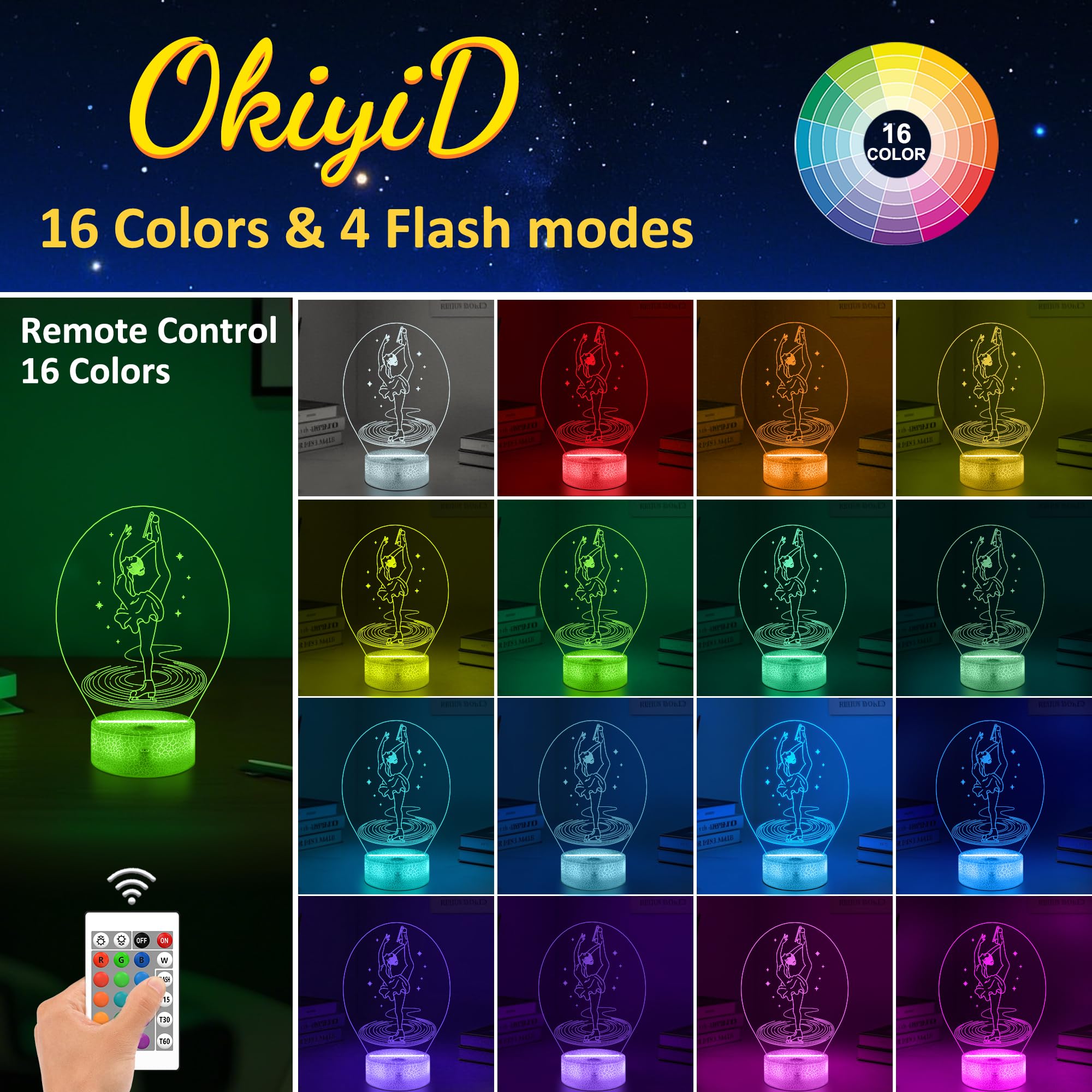 OkiyiD Figure Skating Gifts for Girls, Ice Skating Night Light 3D Illusion Lamp with 16 Colors Remote Control, Skater Gift for G