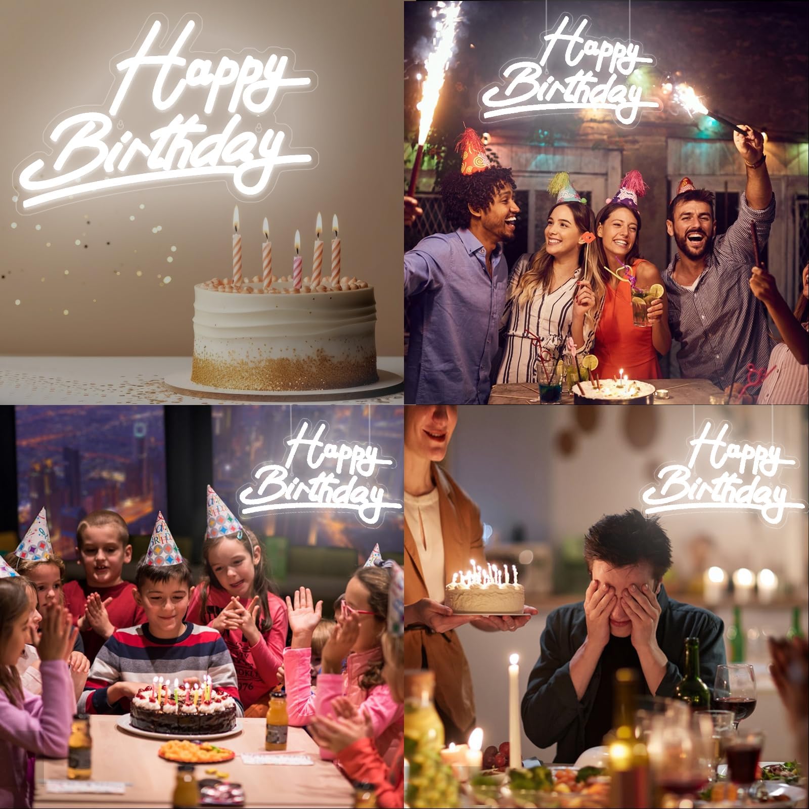 Shellvcase Neon Sign - Happy Birthday, Battery Operated, USB Powered, Adjustable Brightness, Acrylic, 15 x 9.6 inches, White