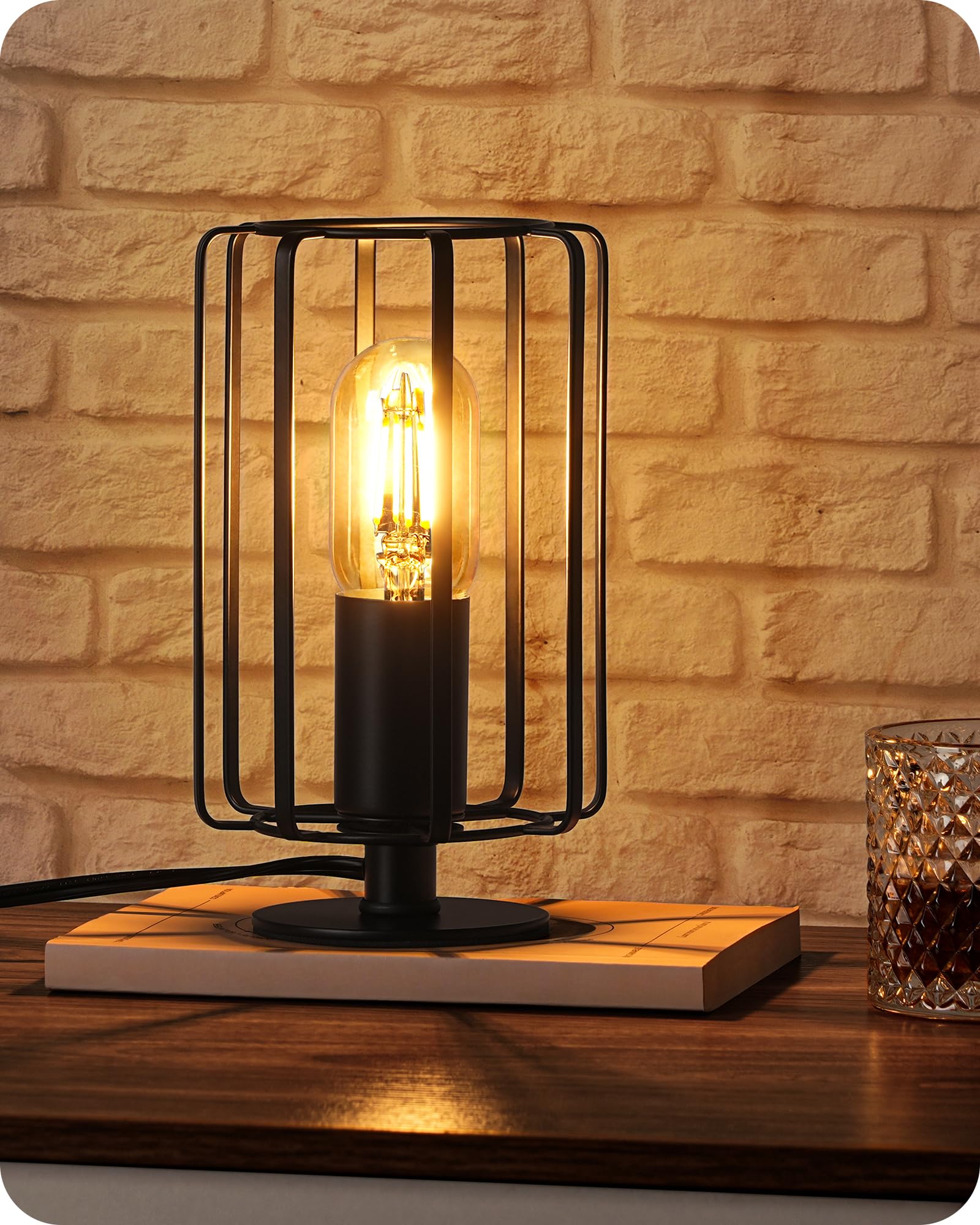 GOEBLESON Industrial Small Table Lamp, Small Bedside Lamp with Dimmable 2400K Warm Light LED Bulb, Vintage Desk Lamp, Black Nigh