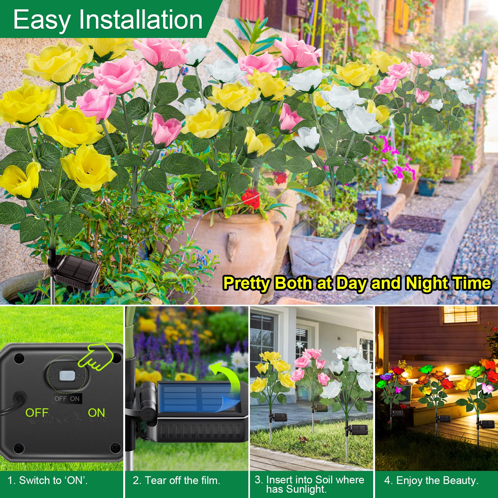 Garpar Solar Lights Outdoor - 2024 Upgraded Outdoor Solar Lights With Beautiful & Realistic Rose Flowers - 7 Color Changing Waterproof Solar Outdoor Lights For Outside Yard Porch Patio Garden Decor