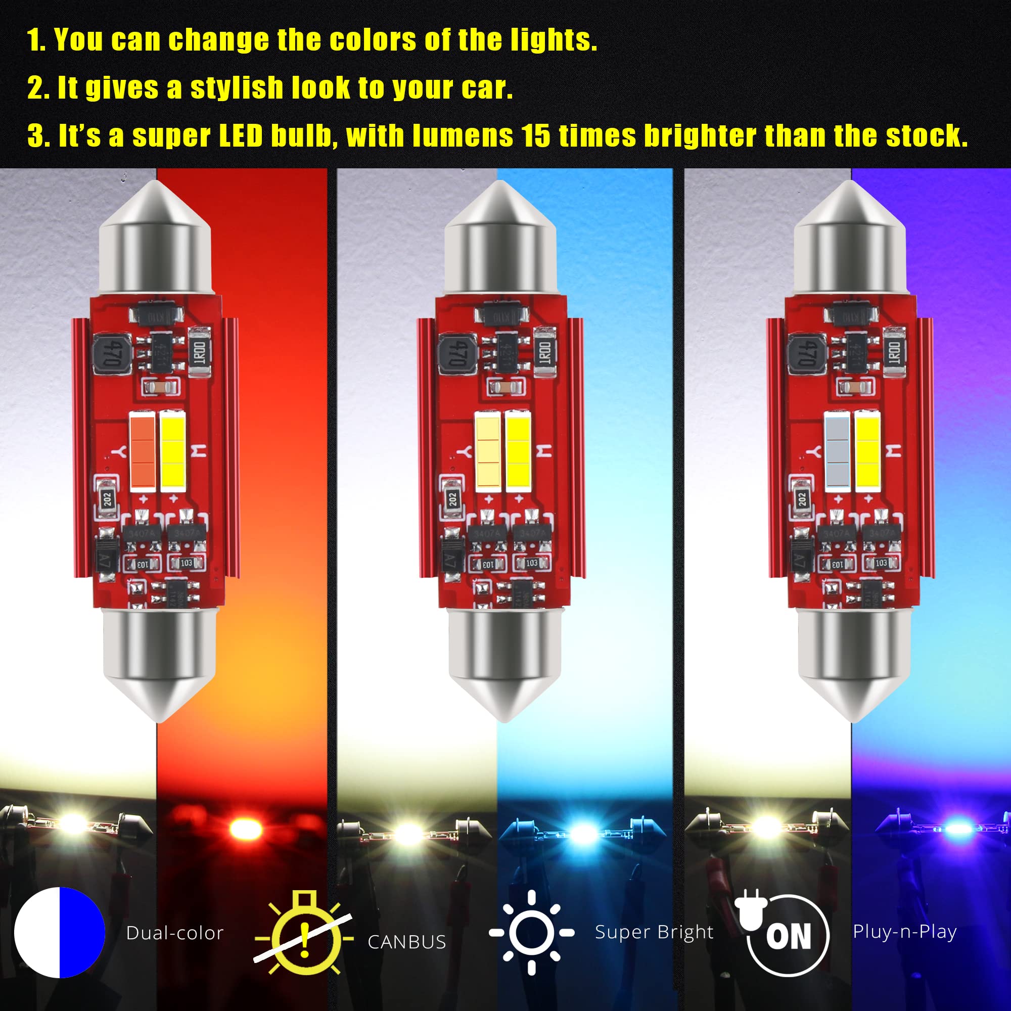 Alla Lighting Dual Color 578 212-2 Led Festoon Bulbs, White/Red Switchback 41Mm 211-2 214-2 Can-Bus Map, Dome, Door, Trunk, Stepwell Courtesy Lights