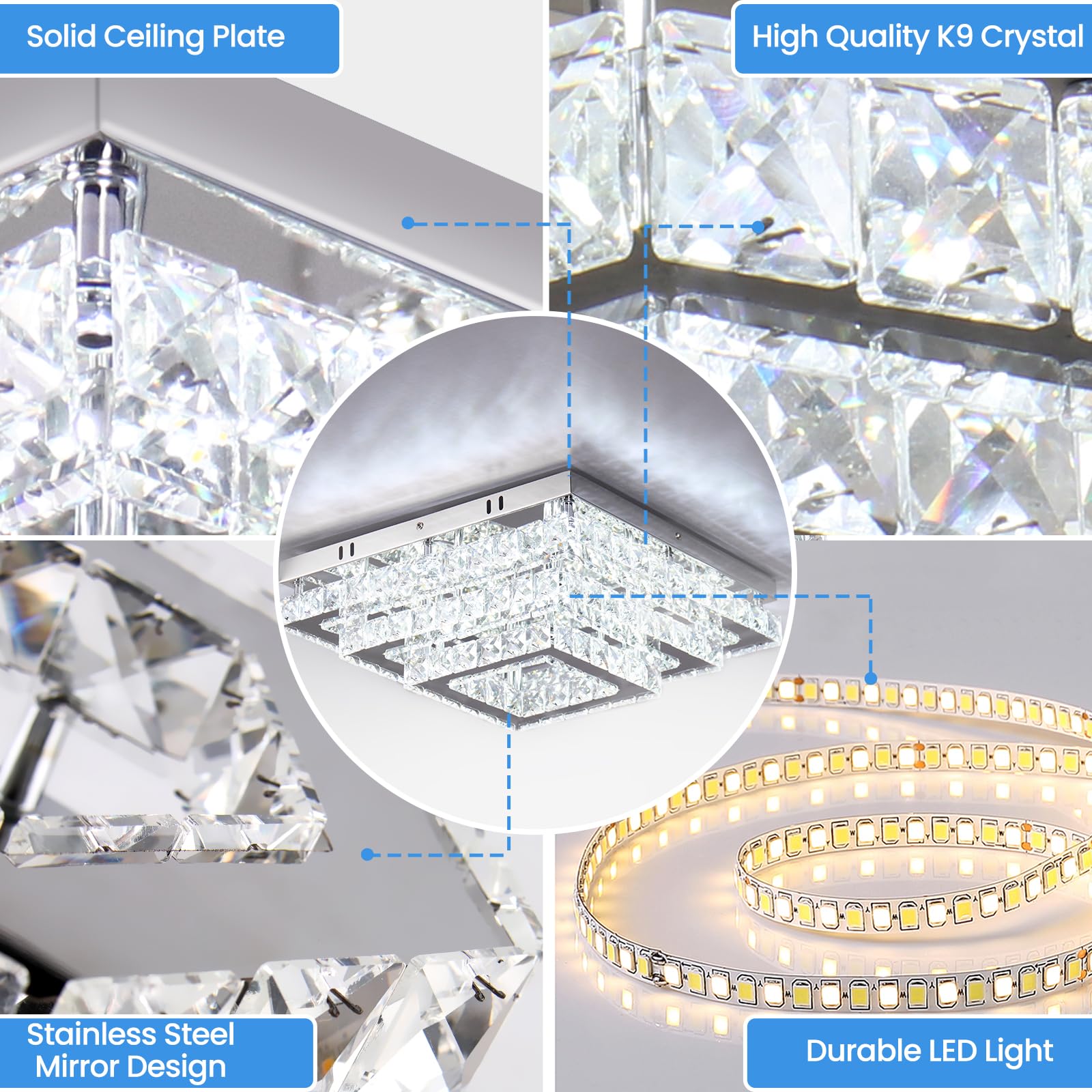 Finktonglan 15” Square Crystal Led Chandelier - 3-Tier Flush Mount Ceiling Light, Cool White