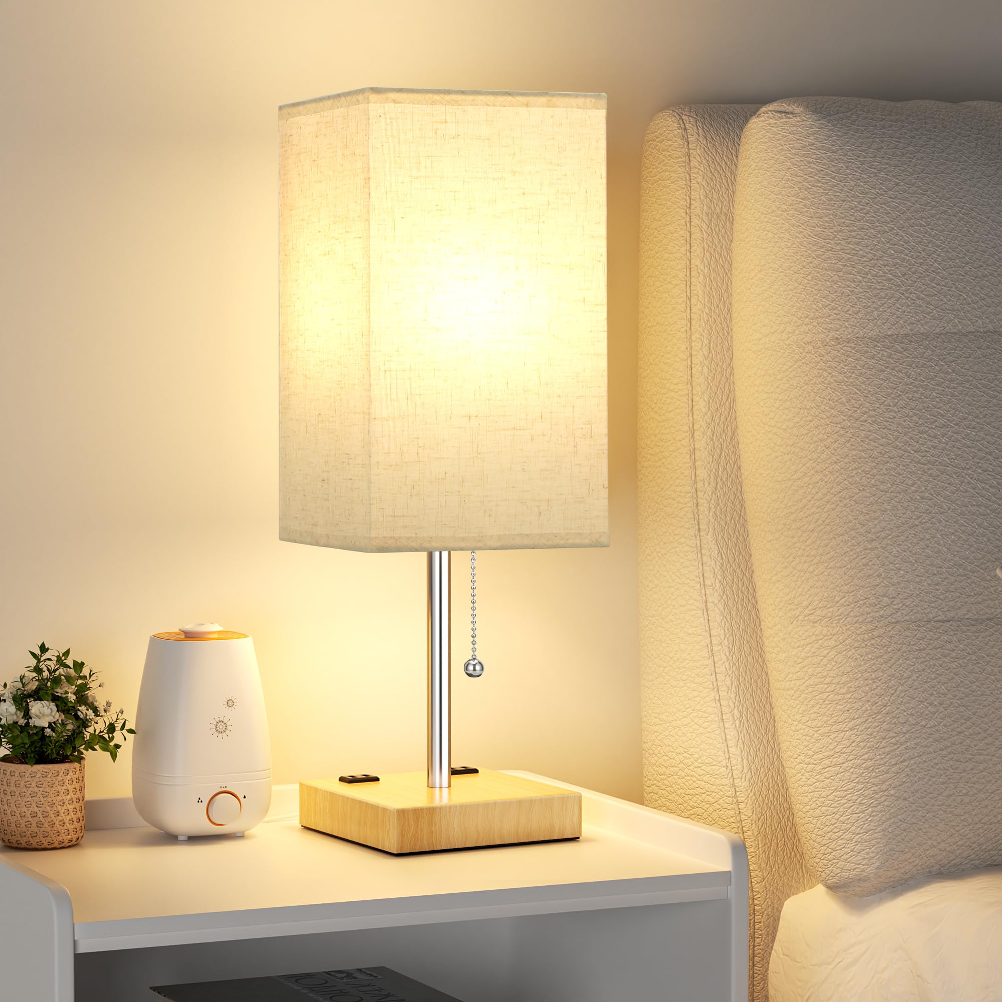 Aooshine Wood Grain Small Table Lamp For Bedroom - 3 Color Temperature 3000K 5000K 4000K Bedside Lamp, Pull Chain Control, Usb A