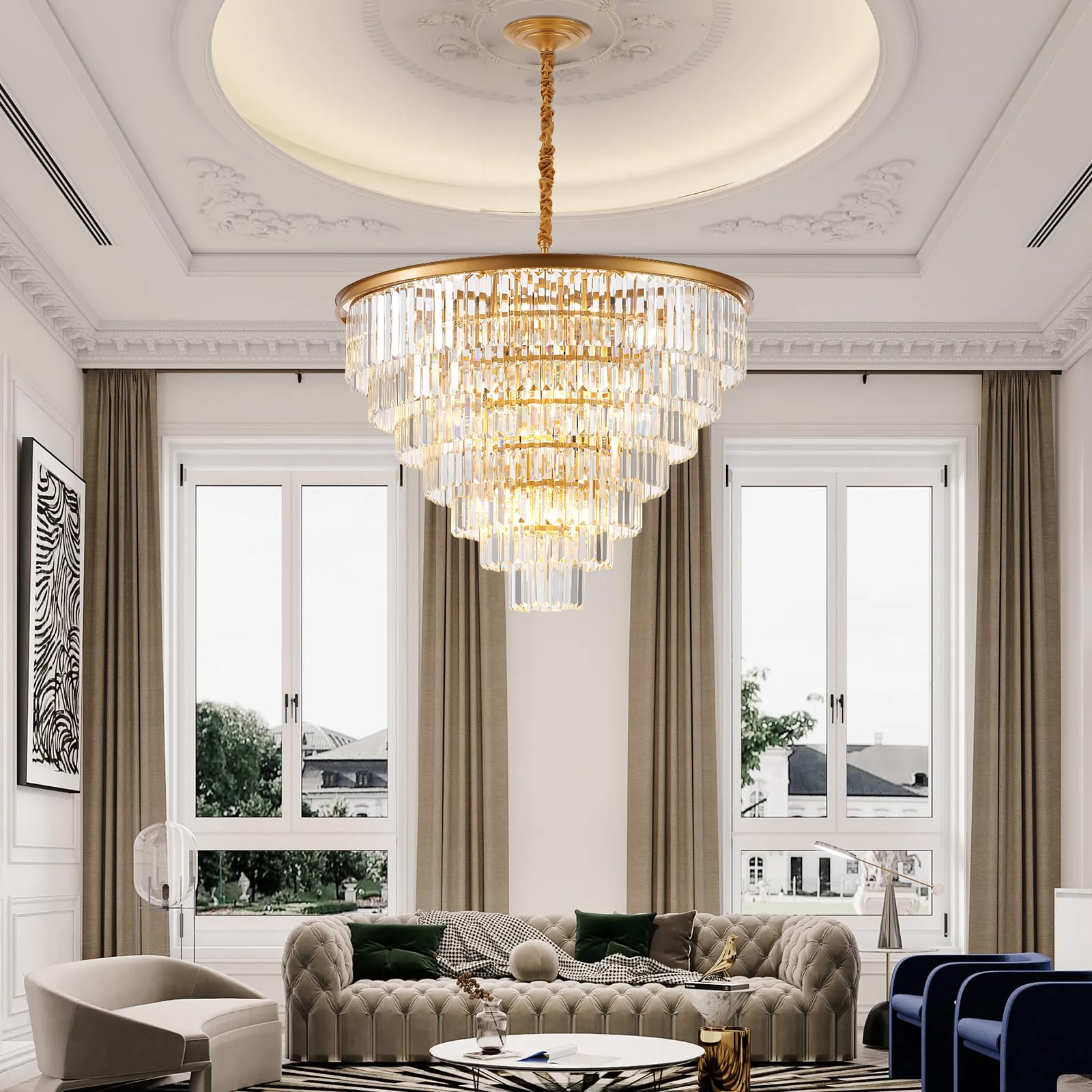 Brfaixla 7-Tiers 22 Lights Gold Crystal Chandelier stylish 35.46 Modern Contemporary Crystal Pendant Ceiling Lighting Crystals Light Fixture For Living Room Hotel Lobby Restaurant Foyer High Ceiling