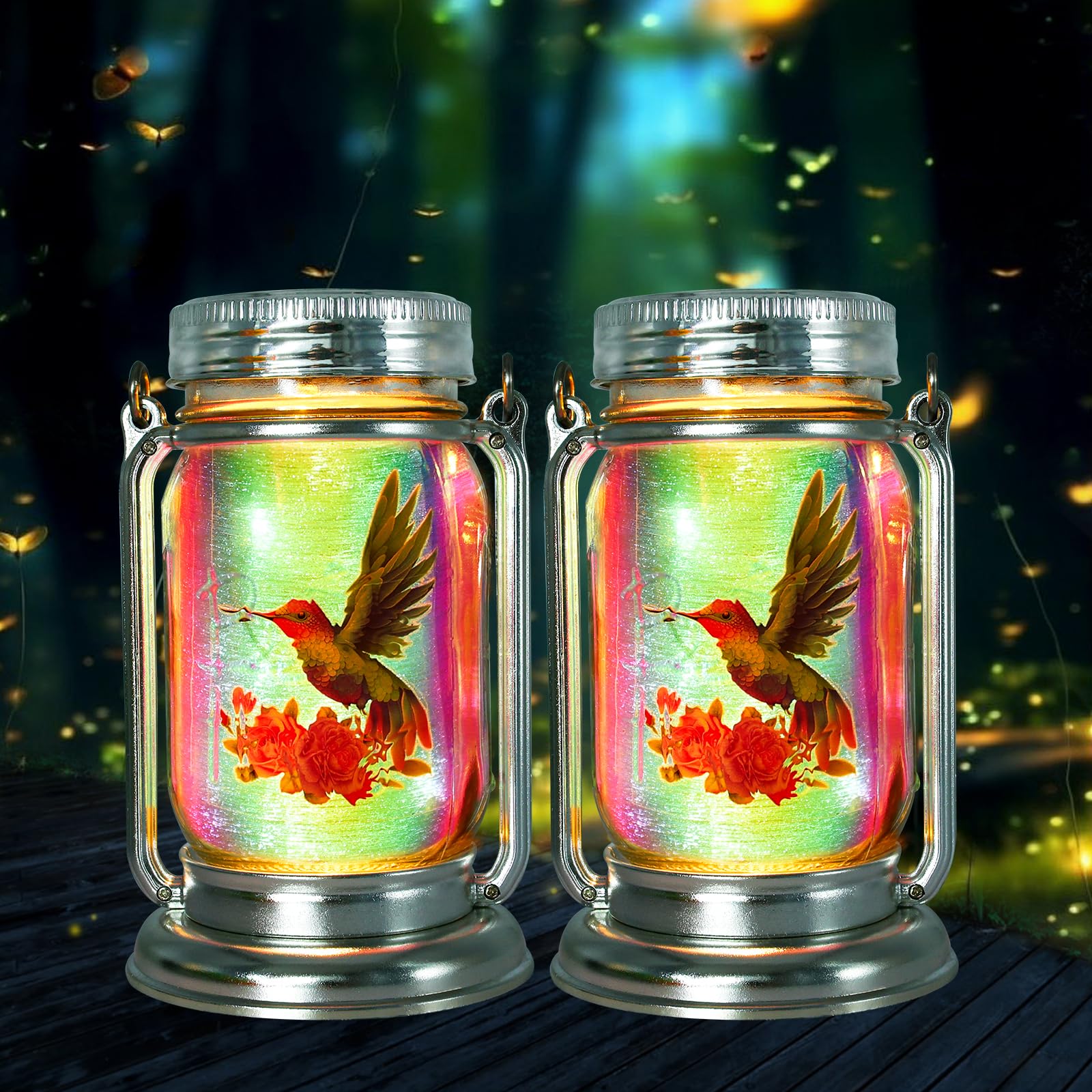 2 Pack Hummingbird Solar Outdoor Lanterns, Gifts For Women Mom Grandma, Vintage Glass Mason Jar Solar Fairy Lights, Waterproof G