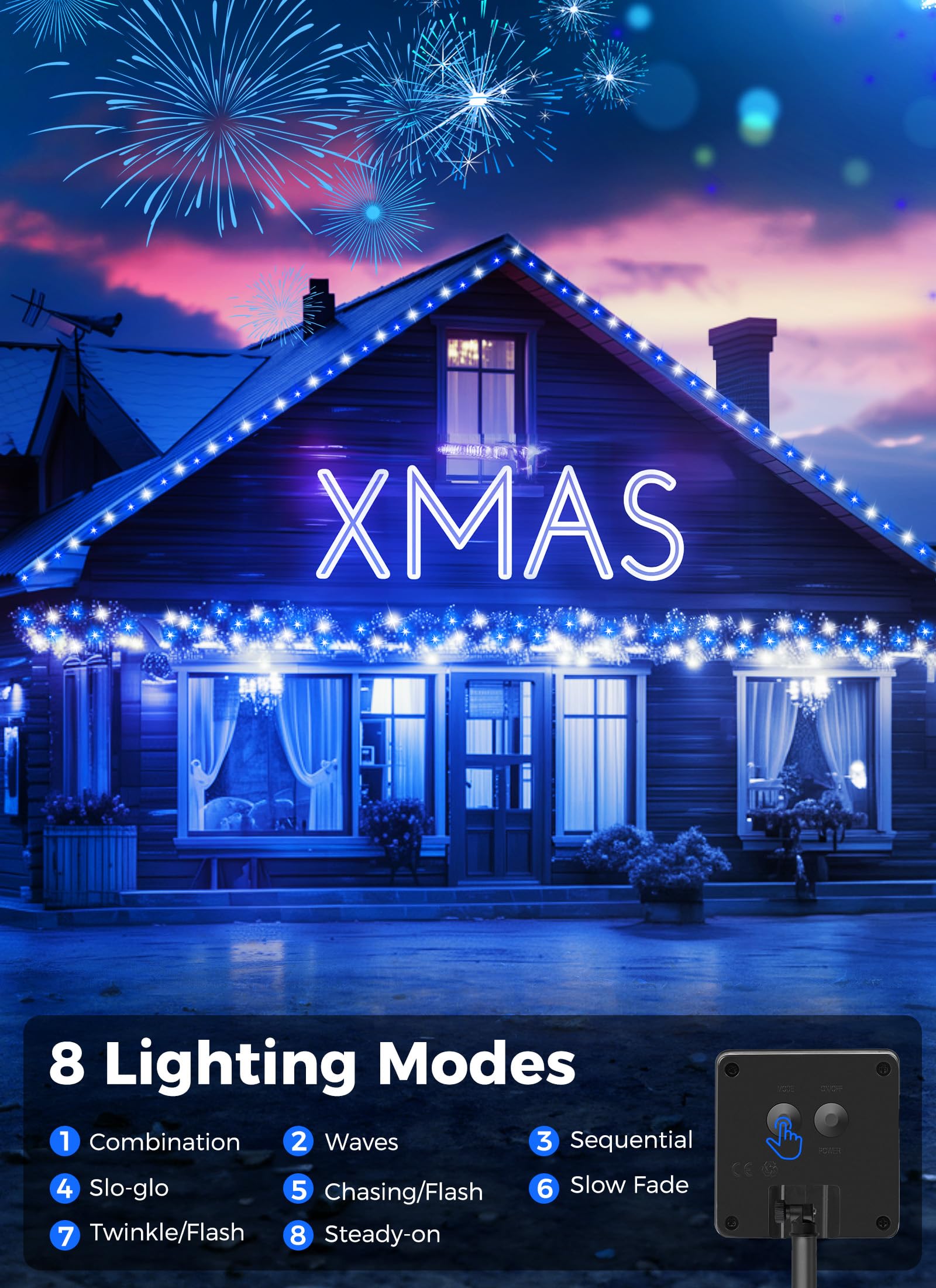 Minetom Solar Christmas Lights Outdoor Waterproof, 2 Pack Total 80Ft 200 Led Solar Lights With 8 Modes, Solar Christmas Outdoor Decoration, Solar String Lights For Outside House Tree, Blue& Pure White