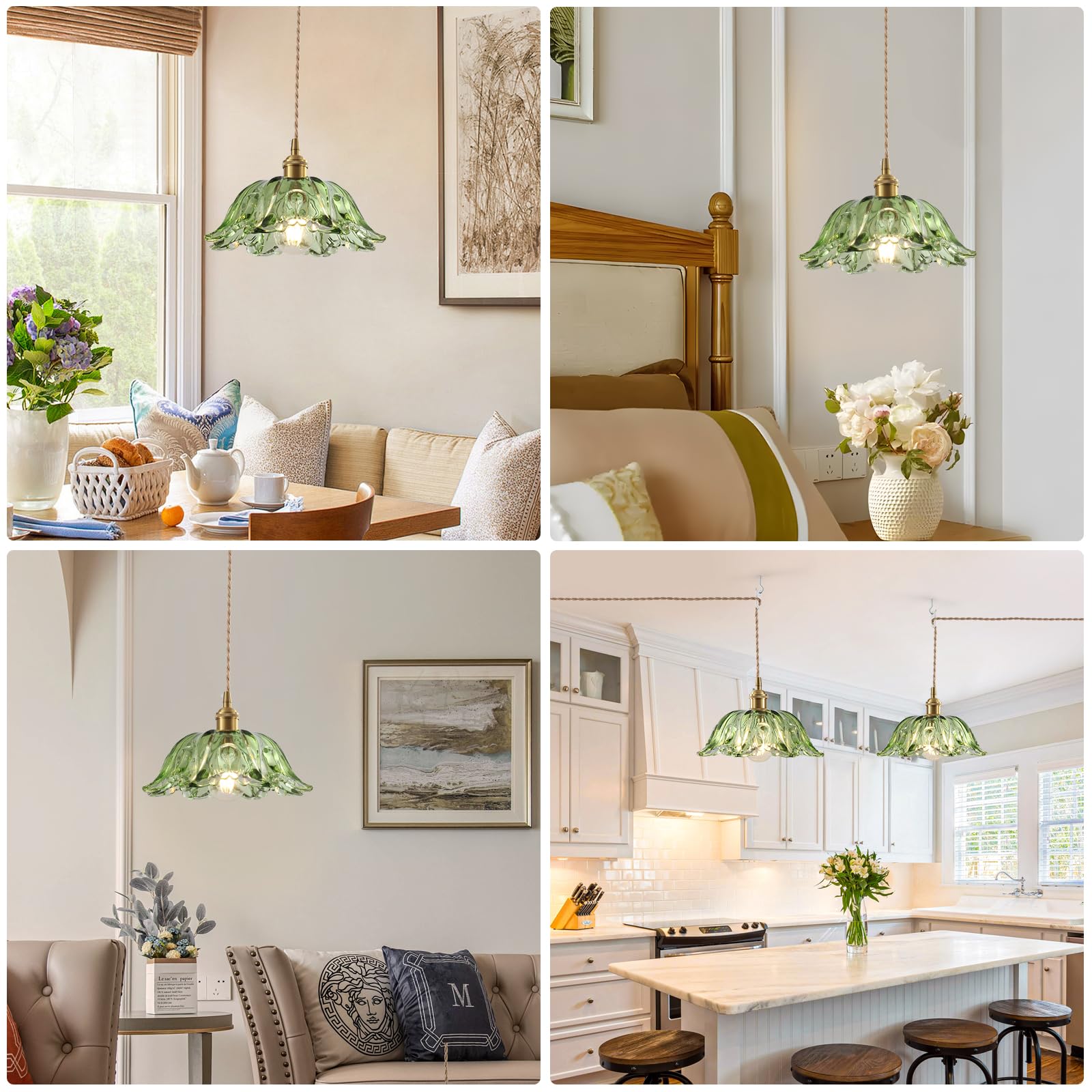 GZJunYo Plug in Pendant Light Fixtures, Hanging Pendant Lights with Plug in Cord, Green Glass Plug in Hanging Lights for Bedroom