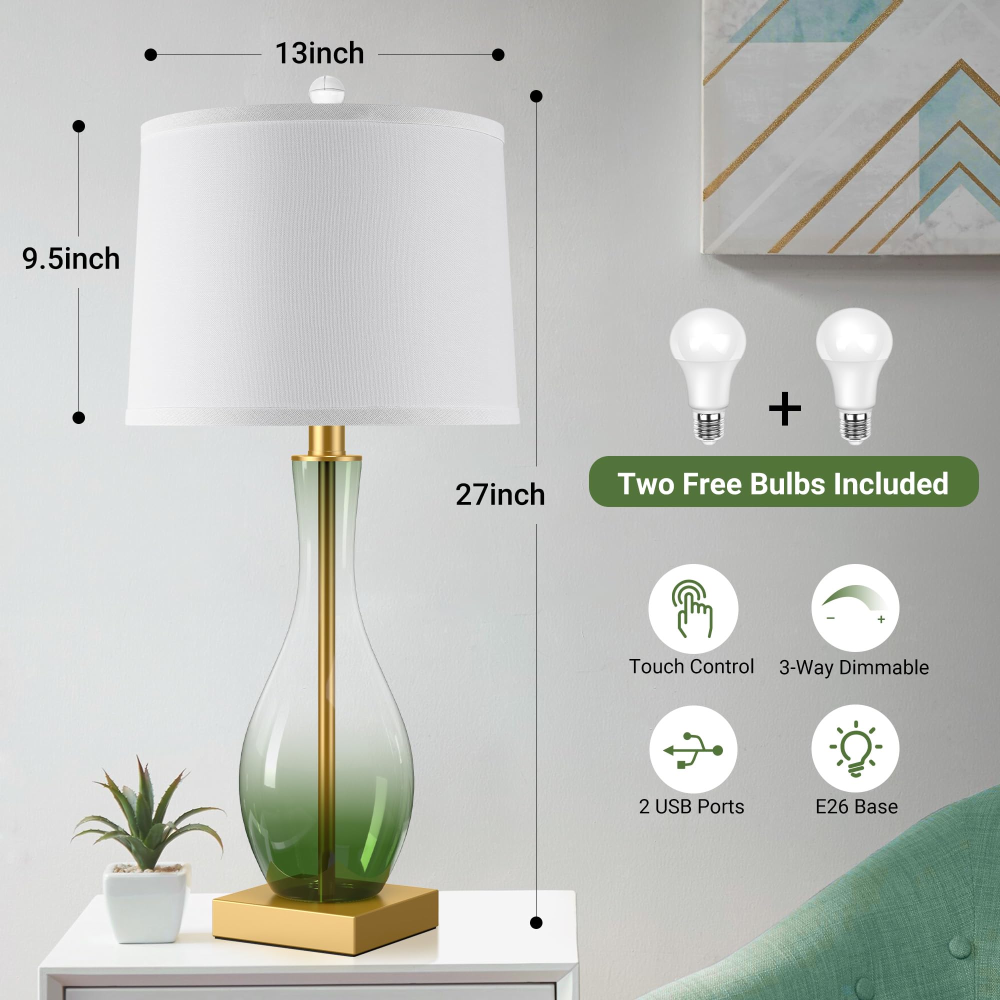 WIHTU 3-Way Dimmable Glass Table Lamp Set of 2, 27" Green Touch Control with USB Charging Ports, Model STR-DL-0172, LED Bulbs Included
