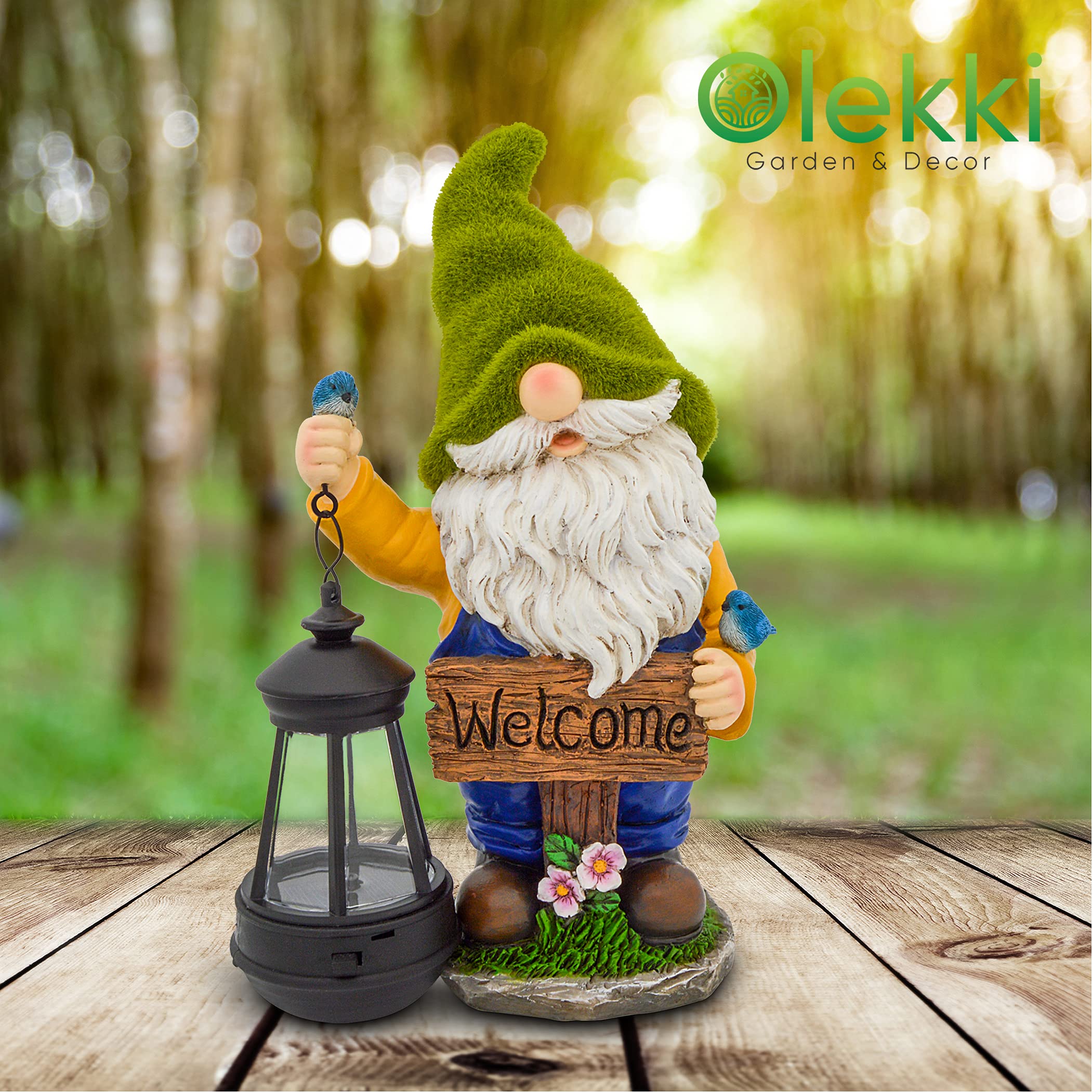 Olekki Garden Gnome Statue with Solar LED Lights - 11.6x6.7x4.3 inch, Flocked, Outdoor Decoration, Model OLKSL-GNM1, Solar