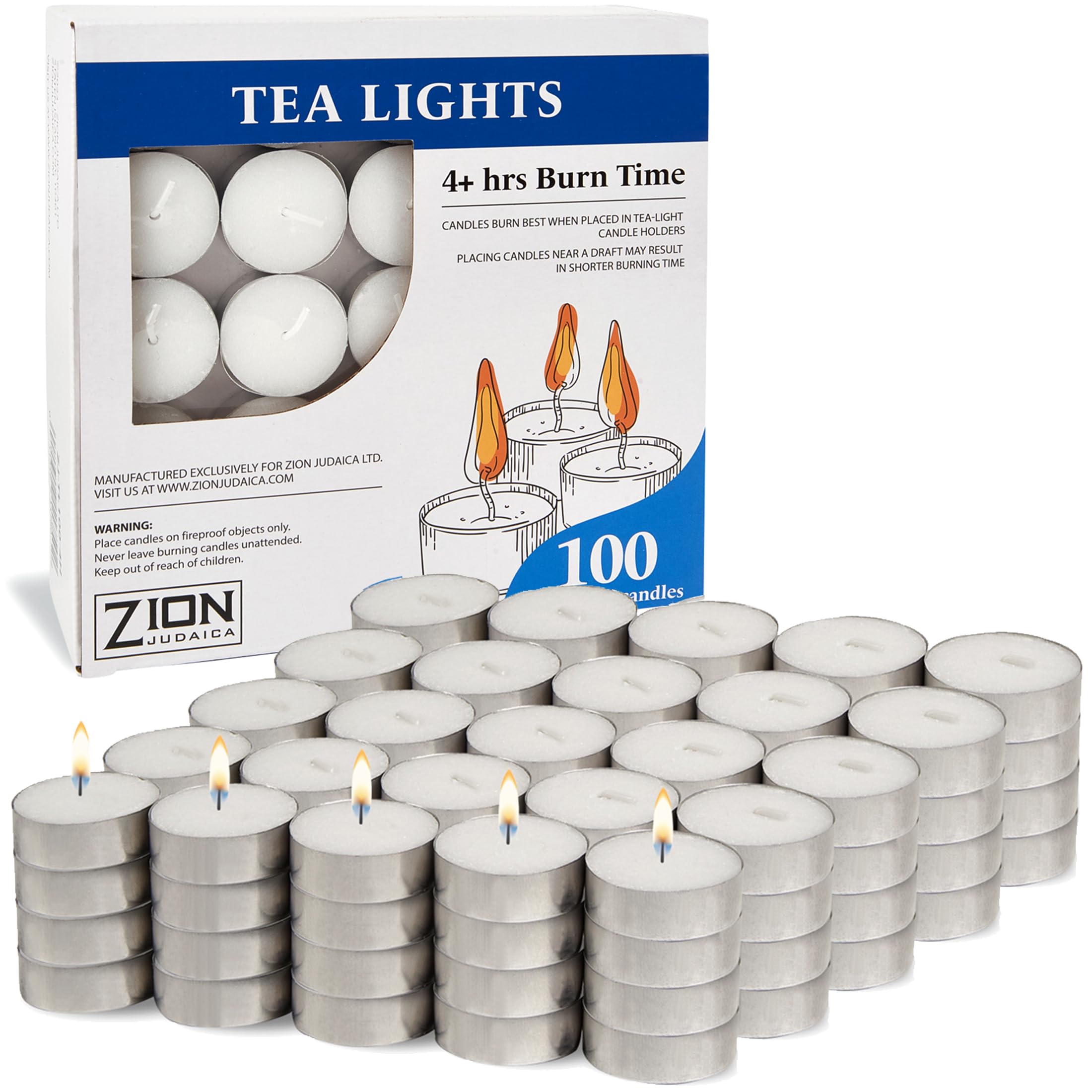 Zion Judaica enhanced Unscented Tealight Candles, Smokeless, Dripless, Paraffin Wax, 4 Hour Burn, White, 100 Count