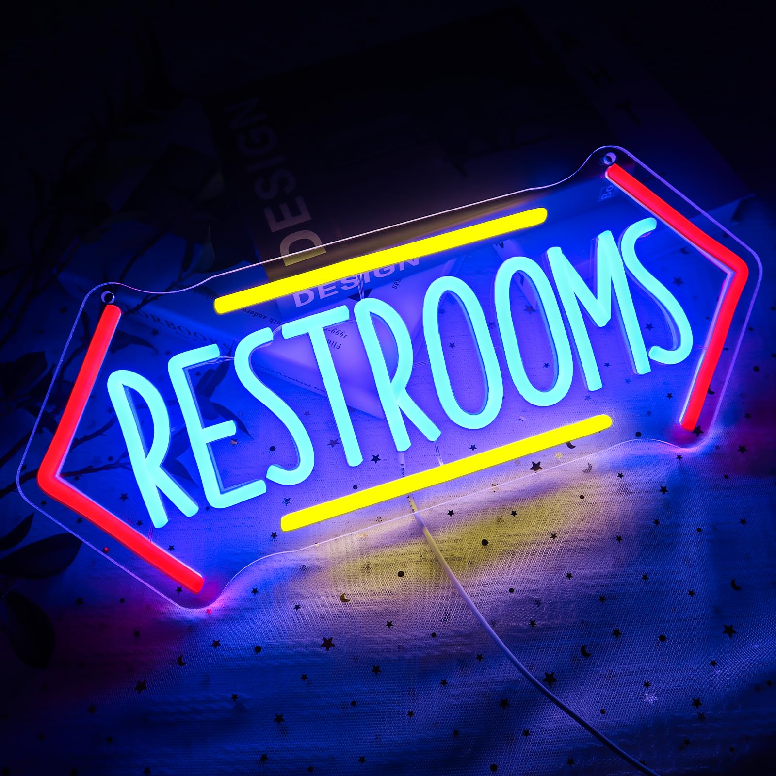 PMCVYH Neon Restroom Sign - LED Wall Decor, USB Dimmable, Acrylic, 16.54 x 6.89 inches, Blue Red Yellow, Model SYL-Restrooms