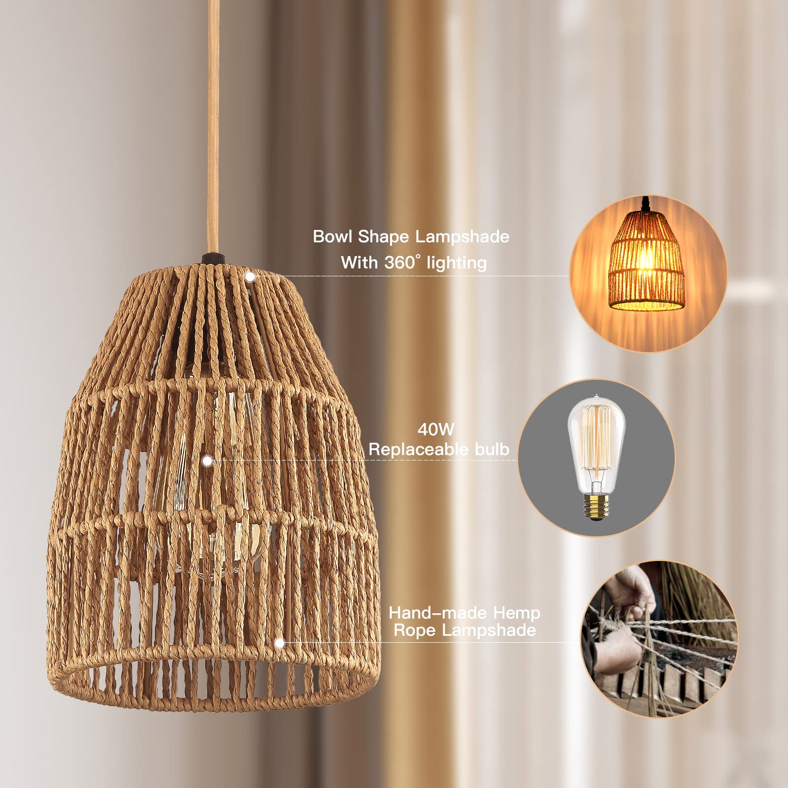 Cinkeda Plug In Pendant Light With Dimming Switch, Boho Hemp Shade & 15Ft Golden Cord