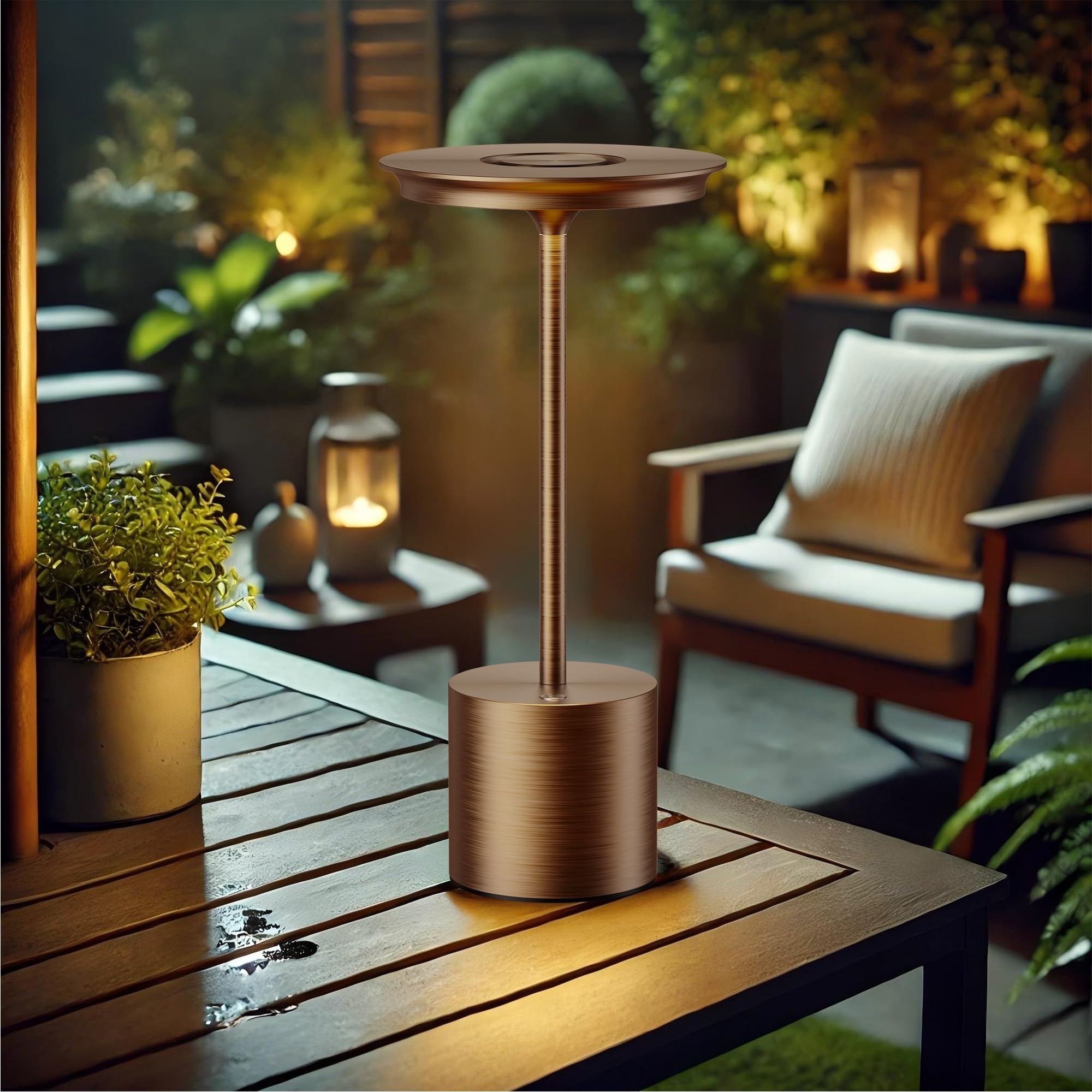 Sikevht Cordless Table Lamp, 6000mAh Rechargeable, 3 Color Dimmable, LED Light, Aluminum, Bronze, Model S823