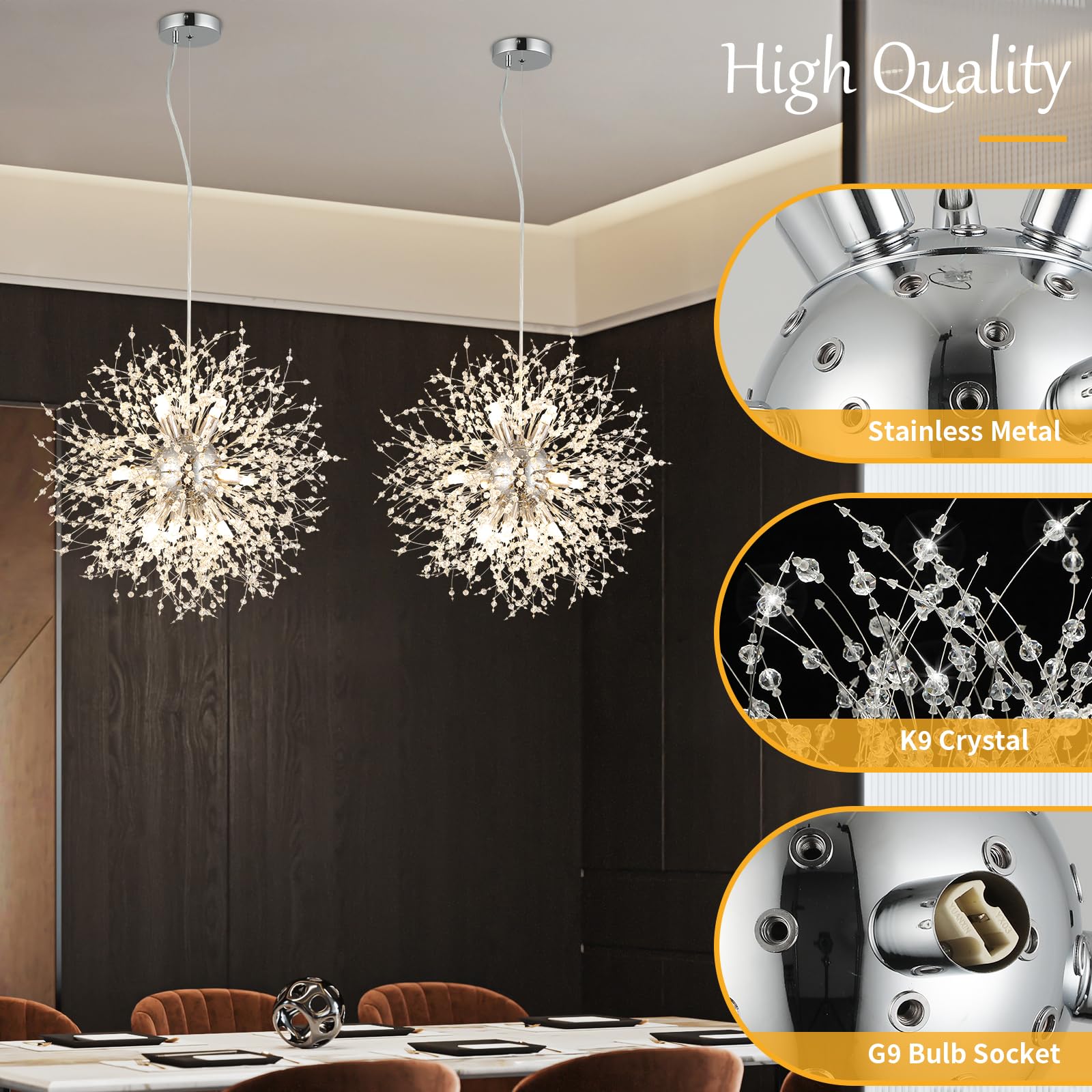 Foucasal 12-Light Crystal Pendant Light Modern Dandelion Sputnik Chandelier Chrome Firework Ceiling Lighting Fixture For Dining