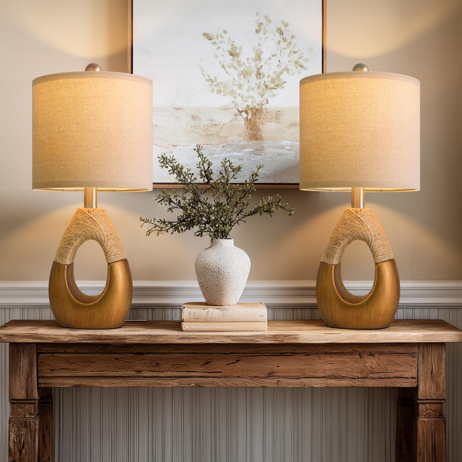OYEARS 19 Table Lamps Set of 2  Boho Lamps for Living Room  Rustic Bedside Lamps for Bedroom  Farmhouse Rattan Table Lamp  Small Space Nightstand Lamp for Home Office (Bulb Not Included  Gold)