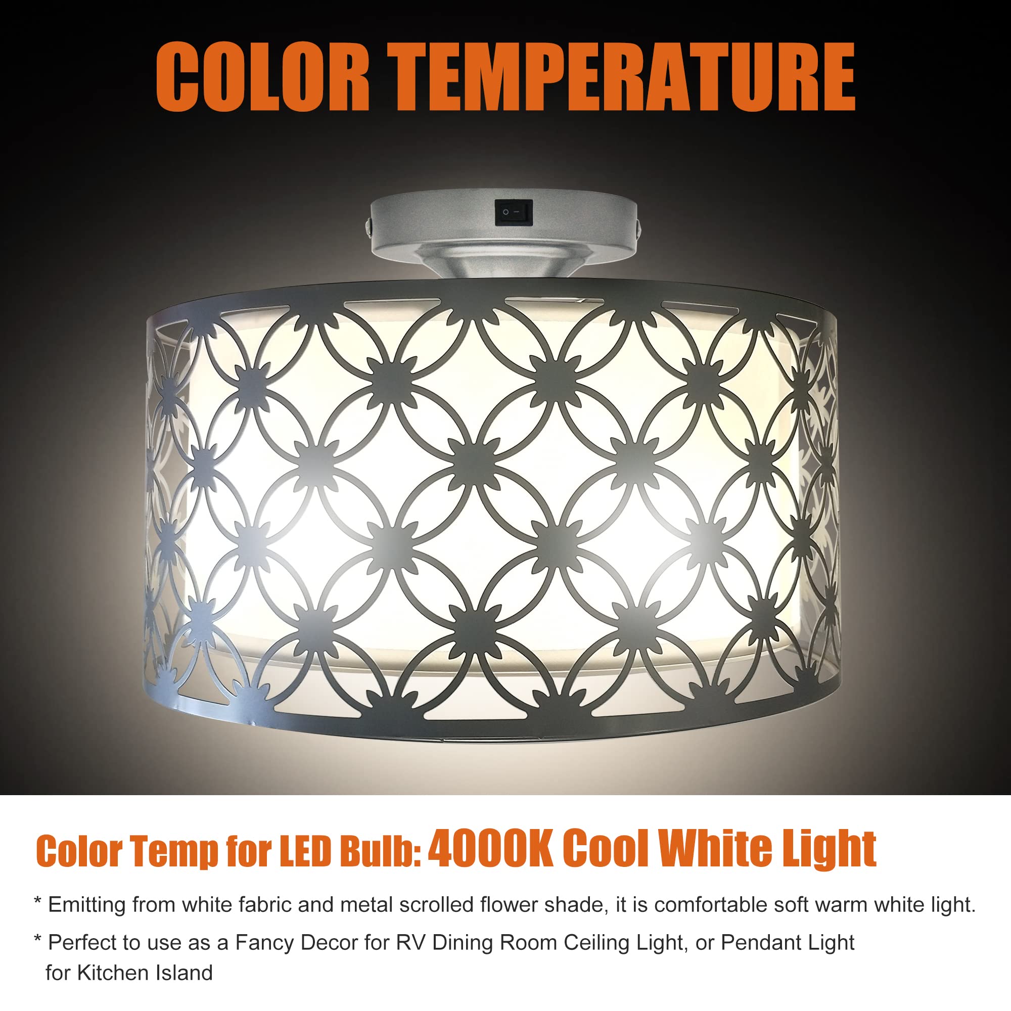 Facon 11'' Rv Pendant Dining Table Light With Switch, Replaceable 2 X E26 Led Bulbs, Decorative Fabric Dinette Light With Chrome Flower Shape, 12V Dc Interior Light For Rv Motorhome Camper Trailer