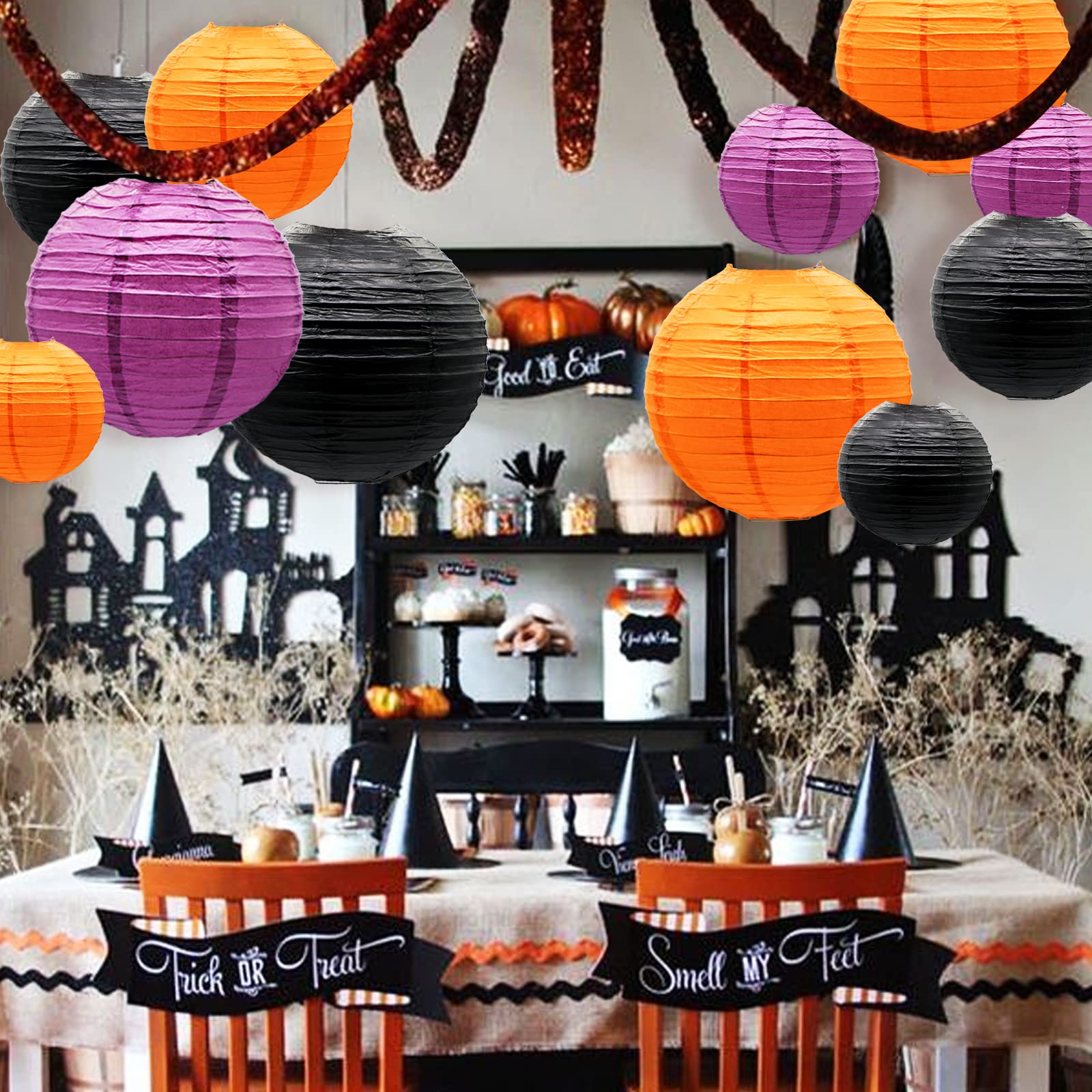 Adlkgg Paper Lanterns - 21Pcs Orange, Purple & Black Round Hanging Decorations For Graduation, Halloween, Thanksgiving, Birthday Parties